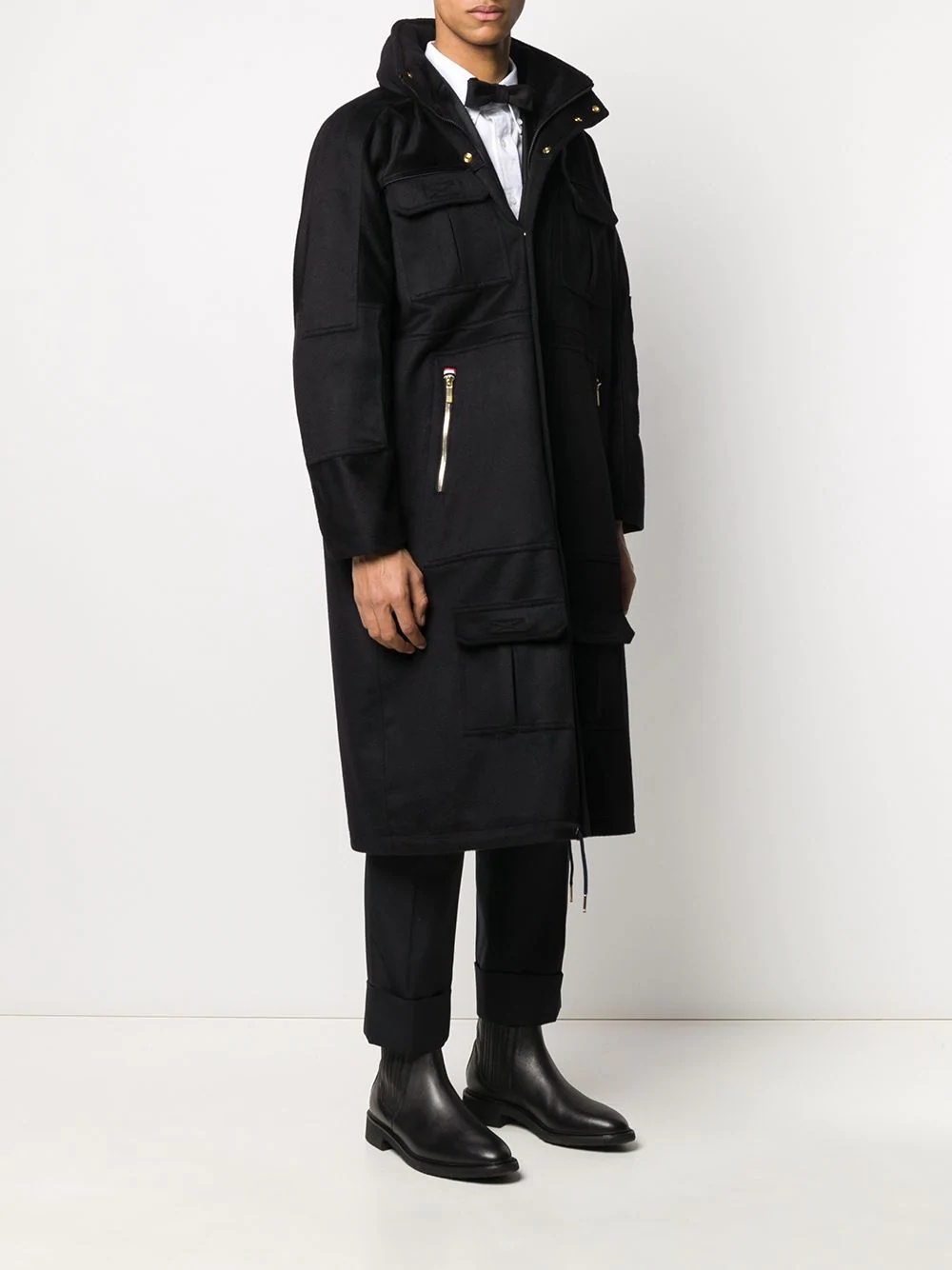 flap pockets long zipped coat - 3