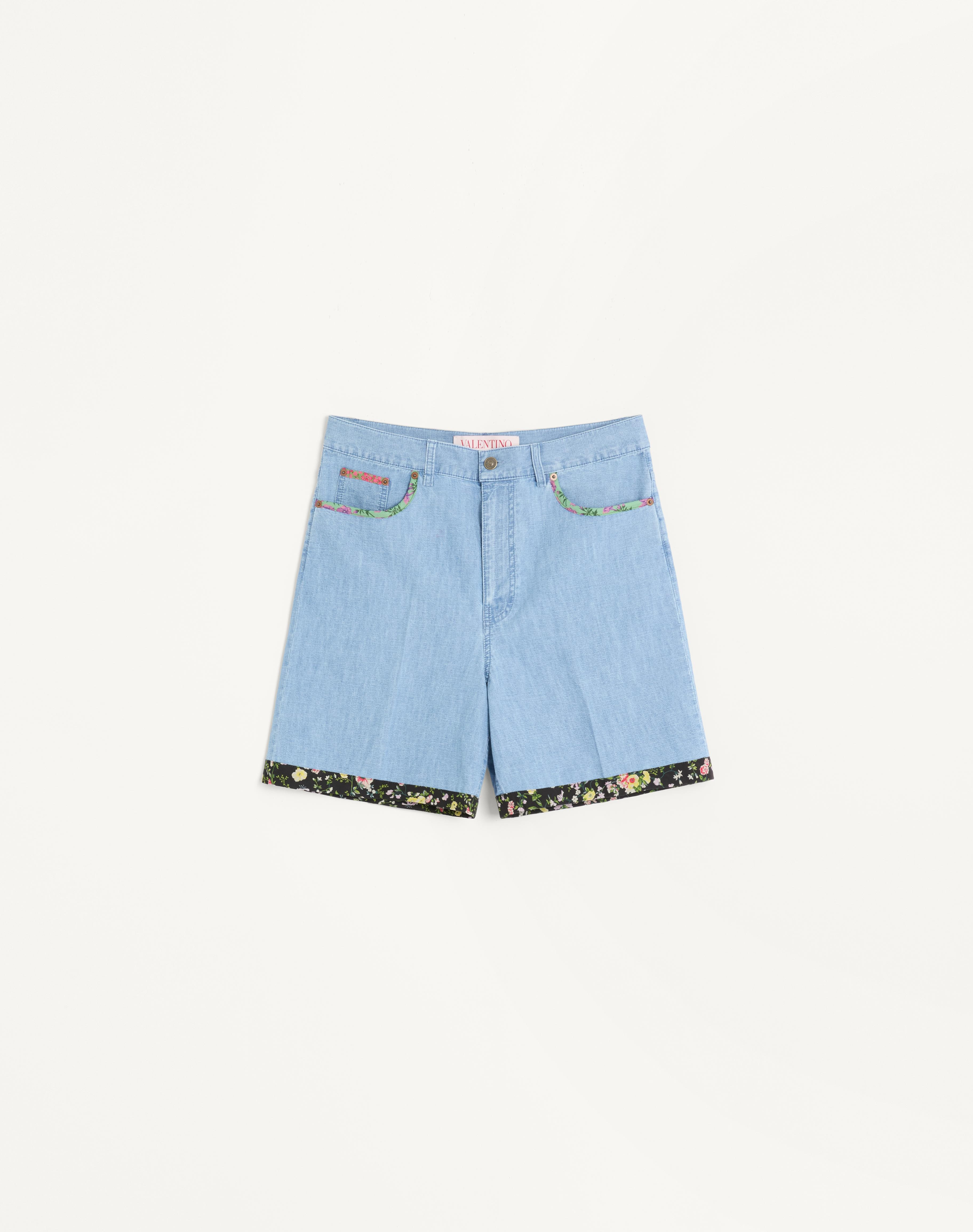 DENIM BERMUDA SHORTS WITH FLORAL PRINT HEM - 1