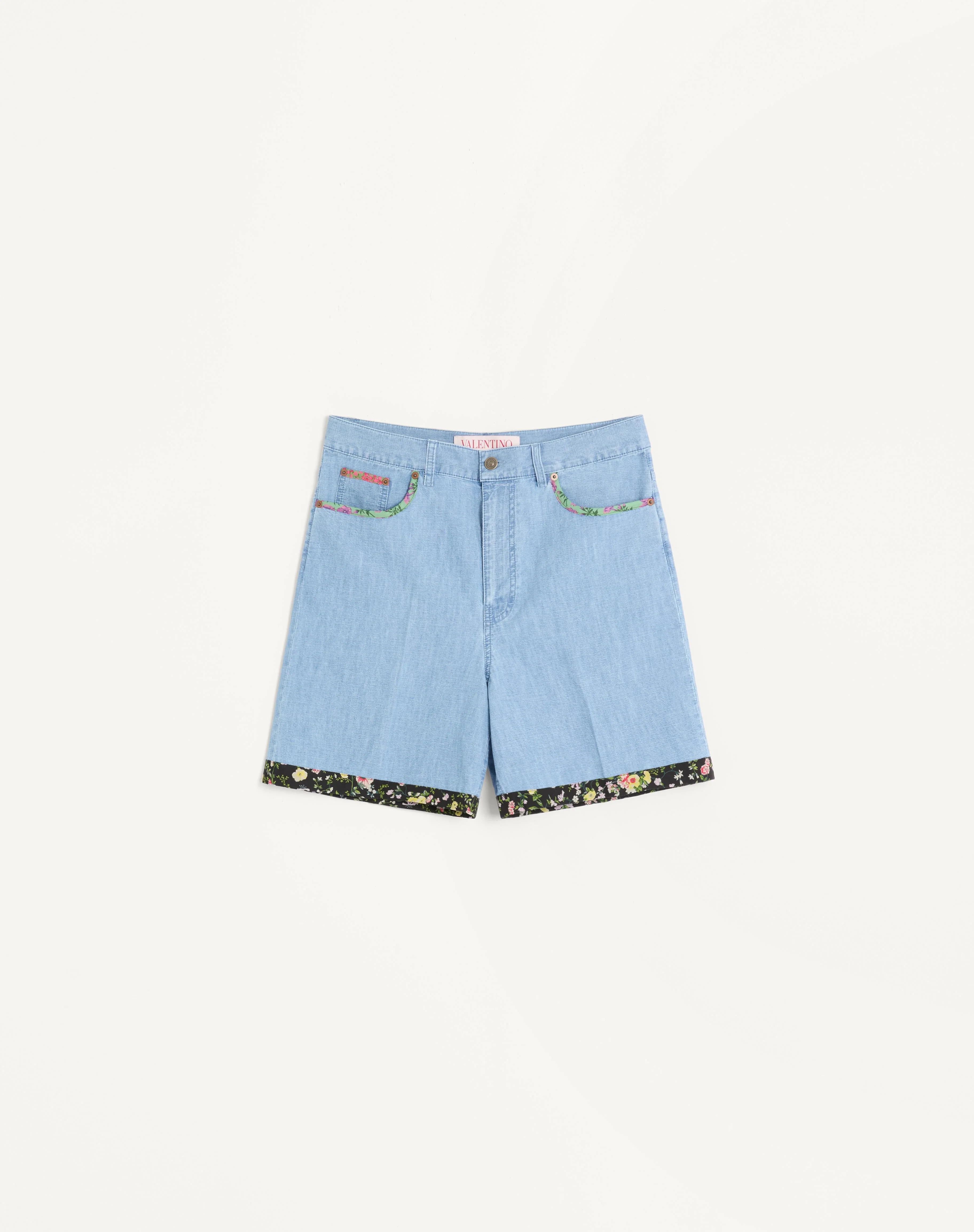 DENIM BERMUDA SHORTS WITH FLORAL PRINT HEM - 1