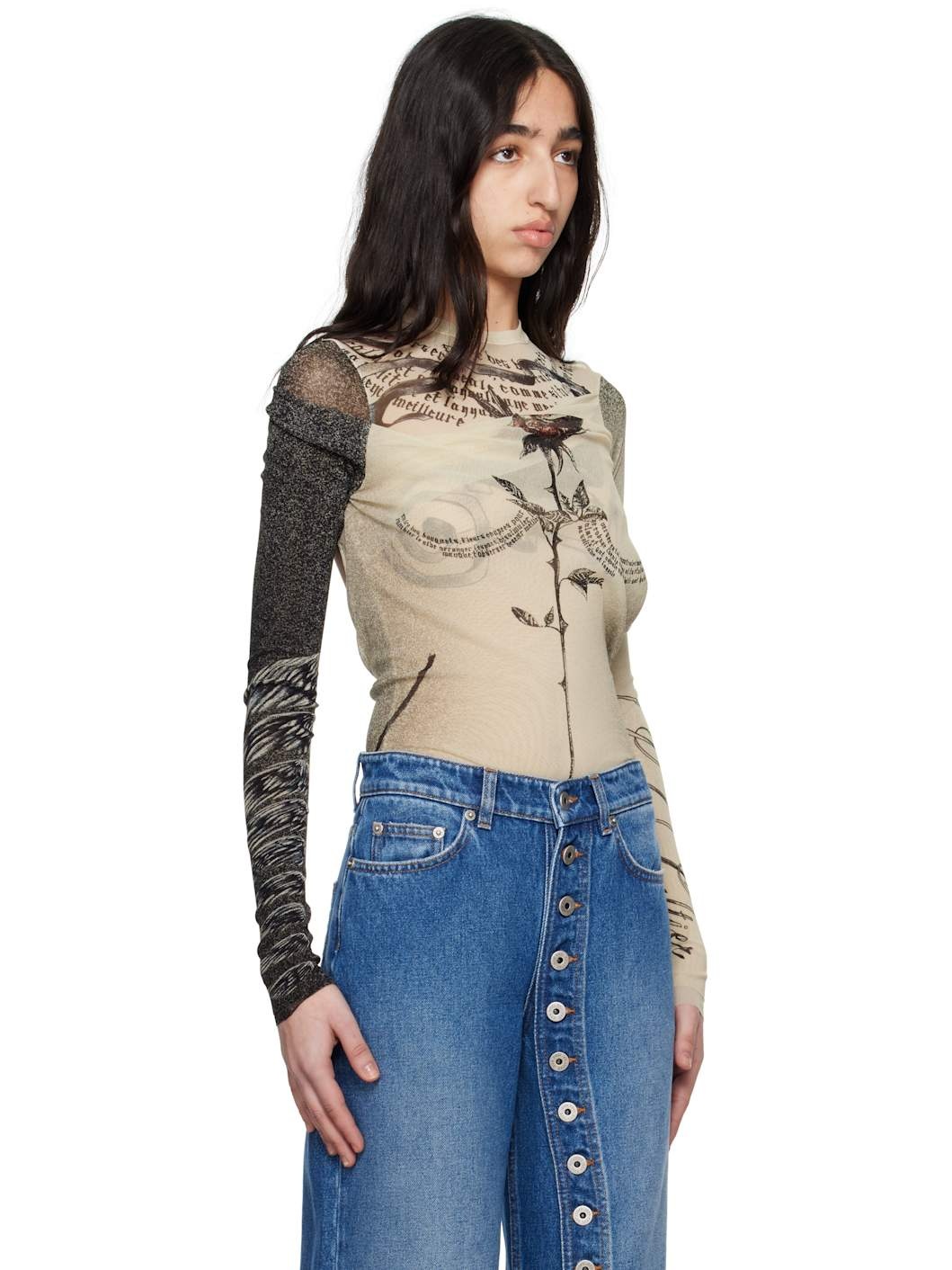 Beige 'The Tattoo Rose and Bird' Bodysuit - 2