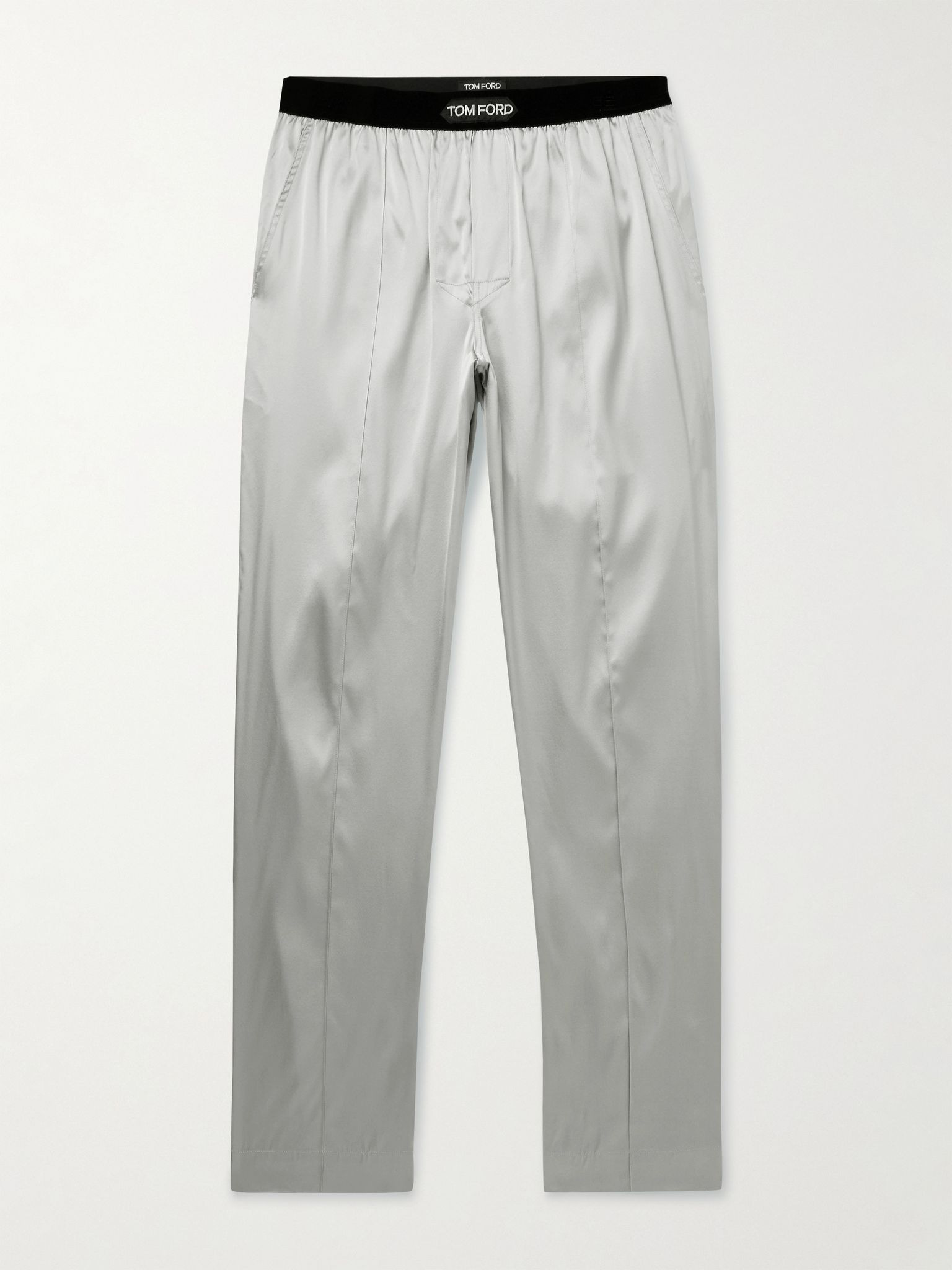 Velvet-Trimmed Stretch-Silk Satin Pyjama Trousers Gray - 1