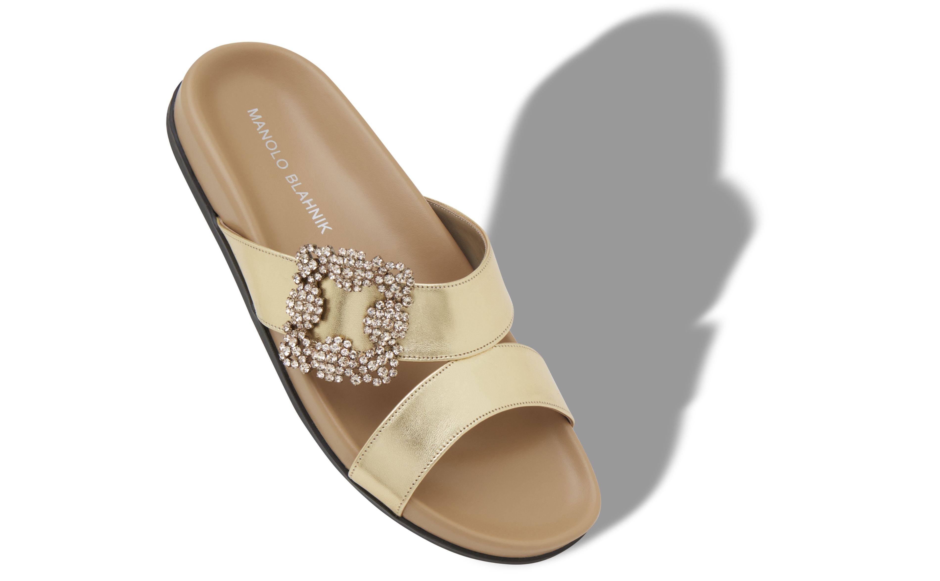 Gold Nappa Leather Jewel Buckle Flat Mules - 2