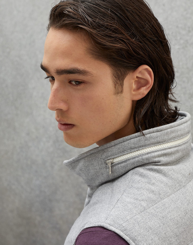 Wool, silk and cashmere bonded diagonal down vest with packable hood 3