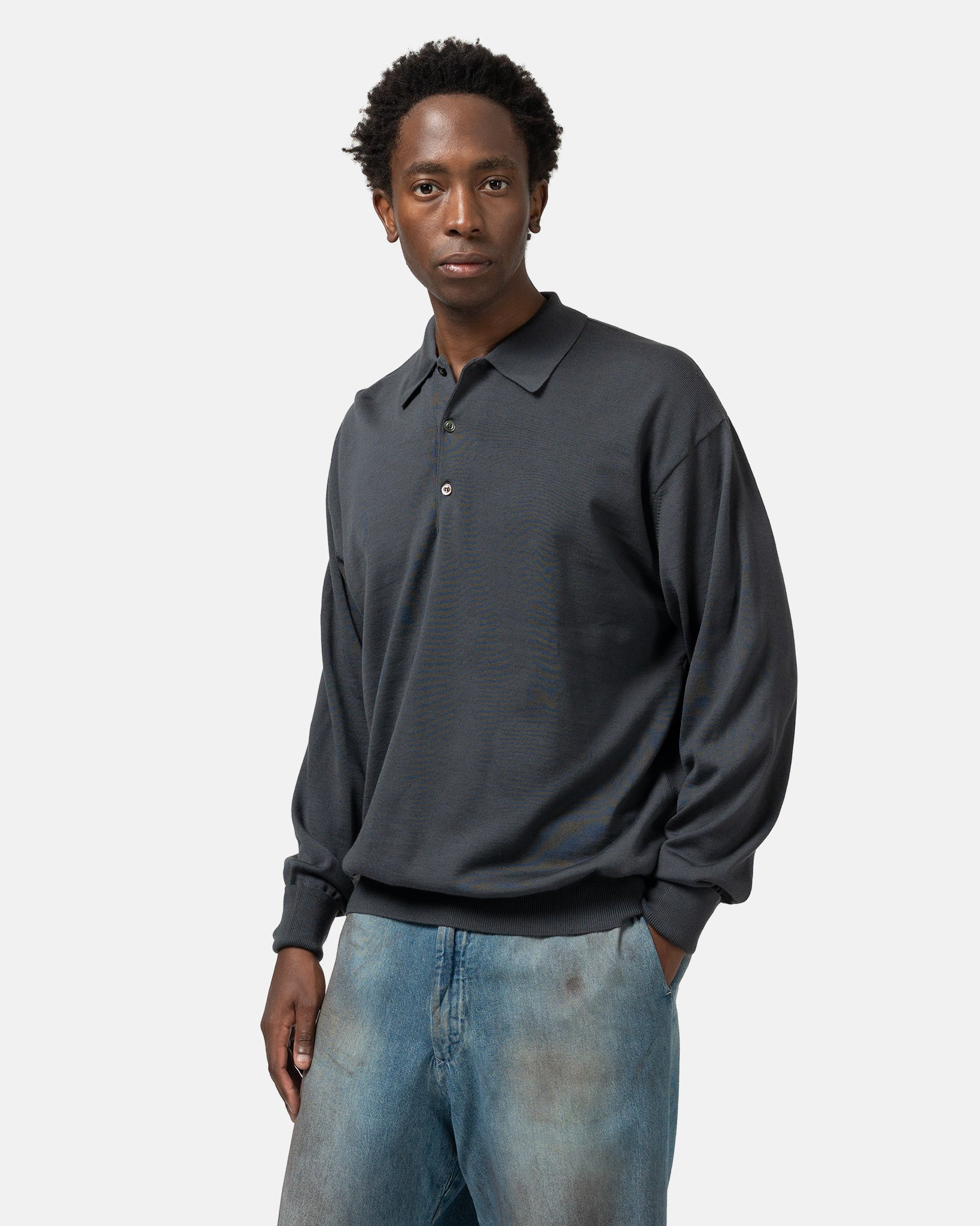 Wool Knit L/S Polo Shirts Gray - 4
