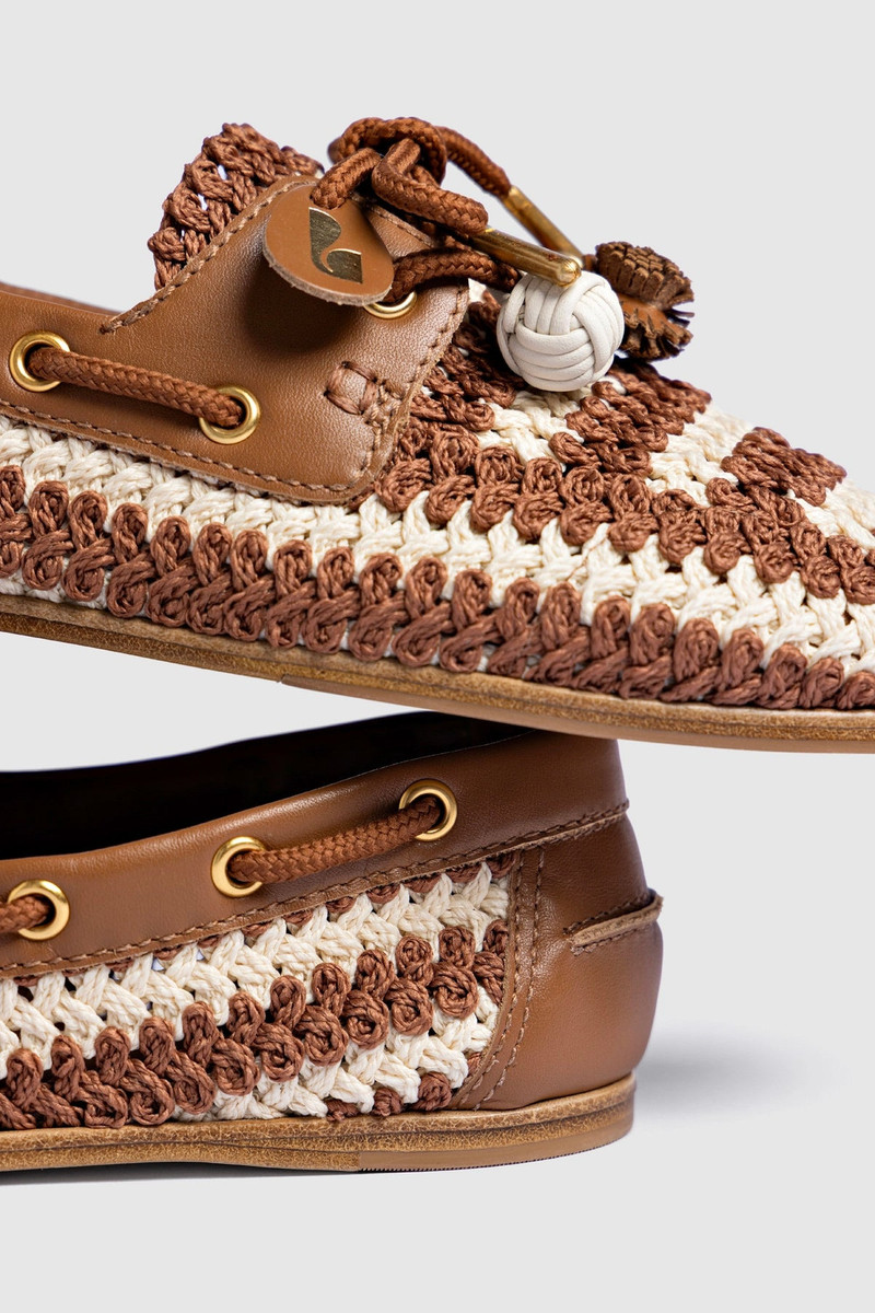Cyprus Crochet Boat Shoe In Caramel and Ivory Crochet and Caramel Leather 5