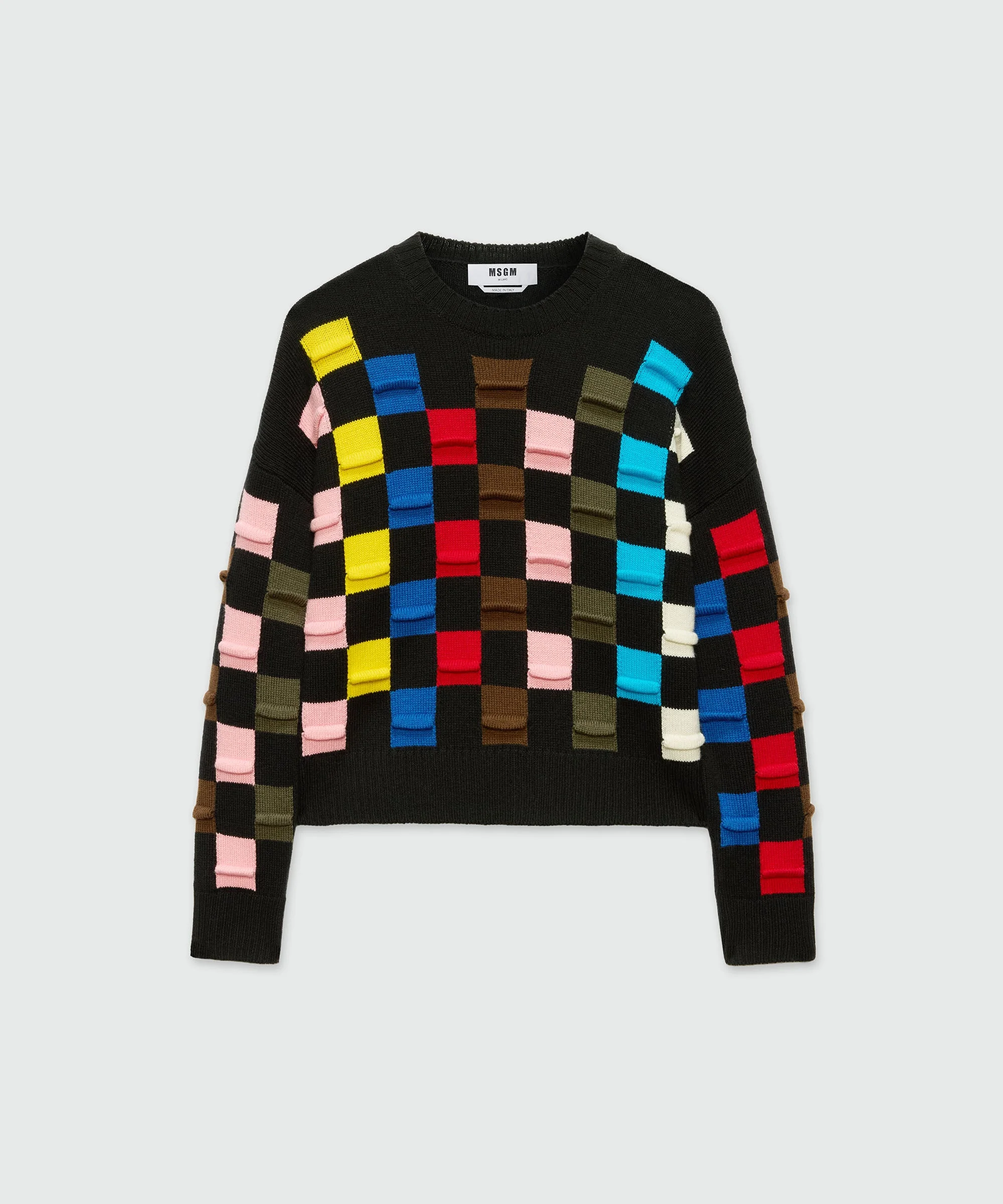 Black sweater with multicolor 3D checkerboard pattern - 1