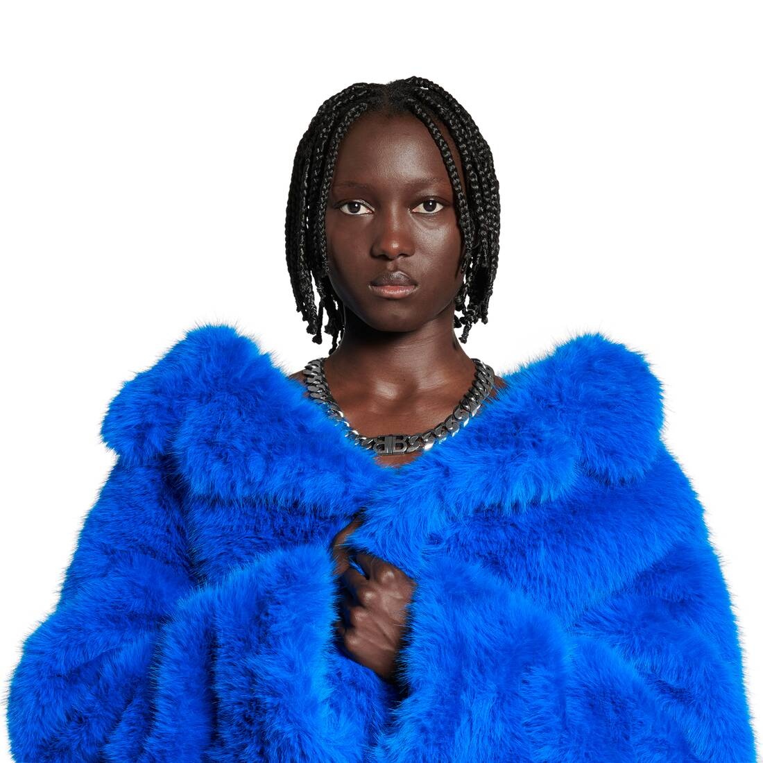 Women's Off Shoulder Coat in Royal Blue - 5
