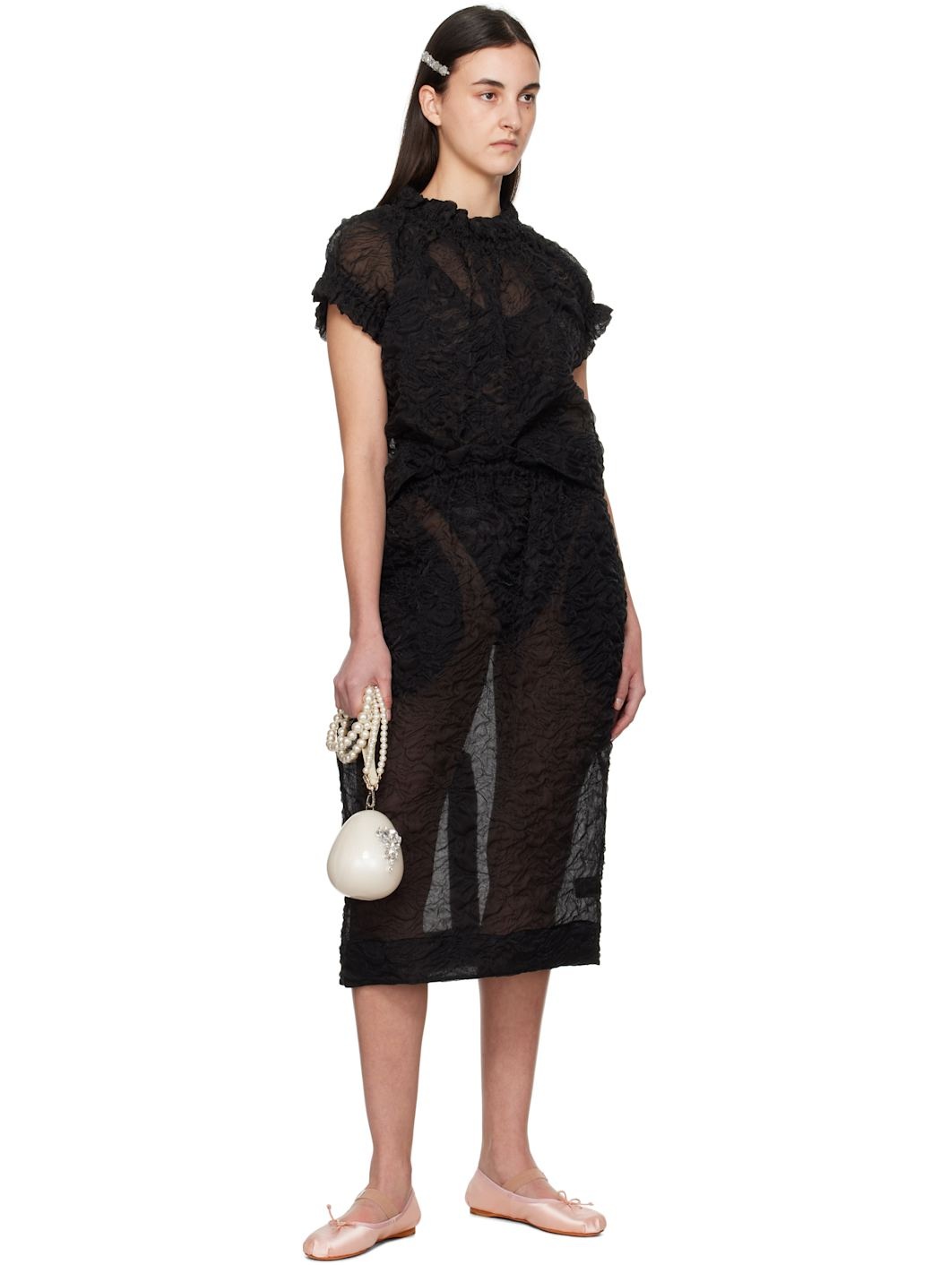 Black Elasticated Gathered Ruffle Tulip Blouse - 5