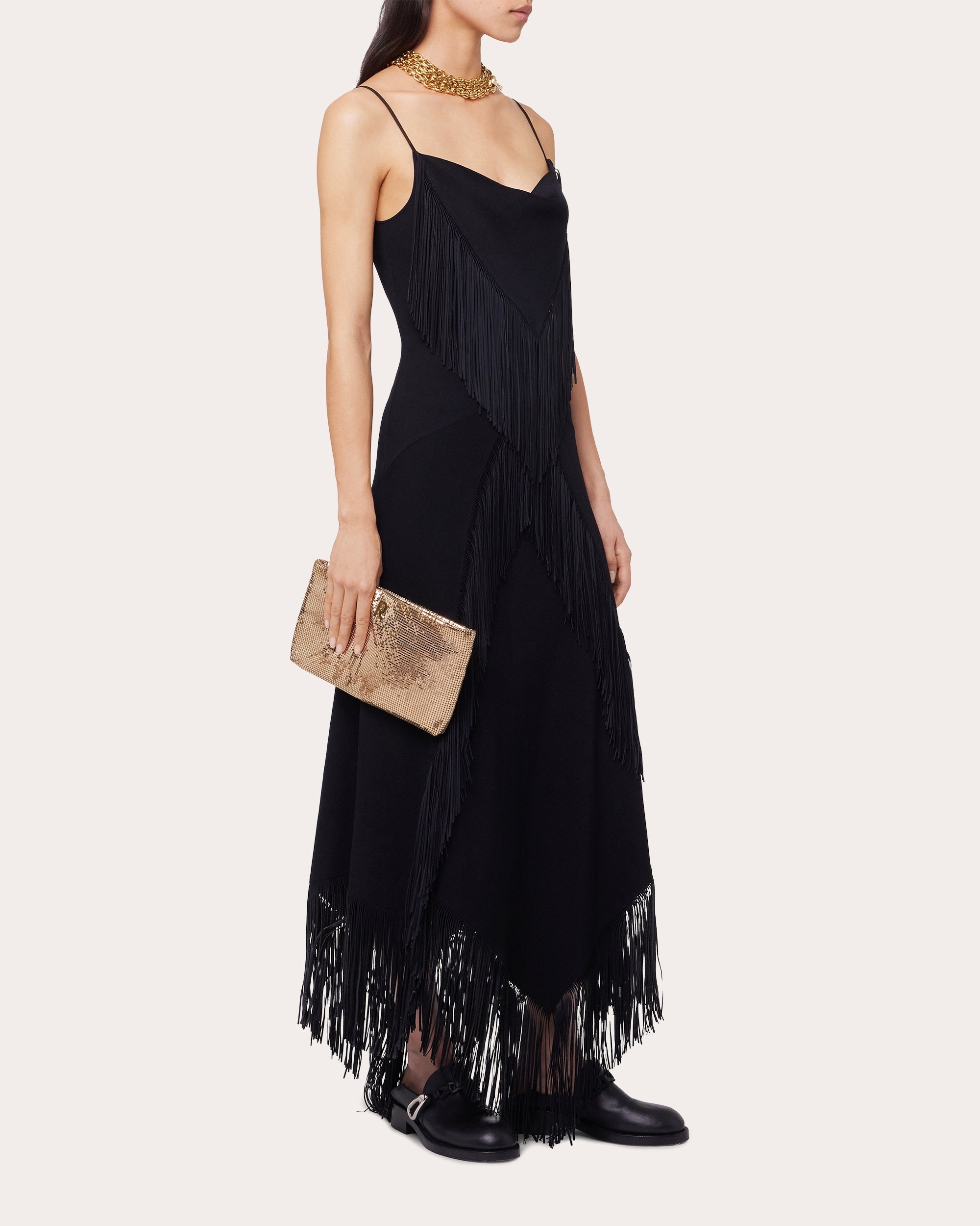 Crepe Fringe Cowl Neck Midi Dress - 4