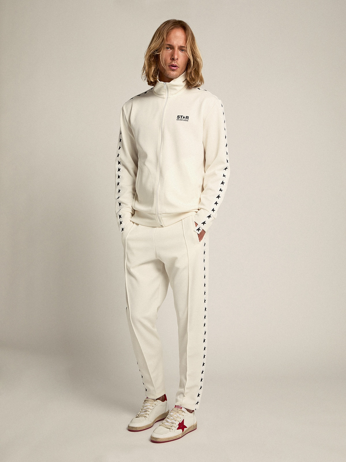 Men’s papyrus white zipped sweatshirt with black stars - 4