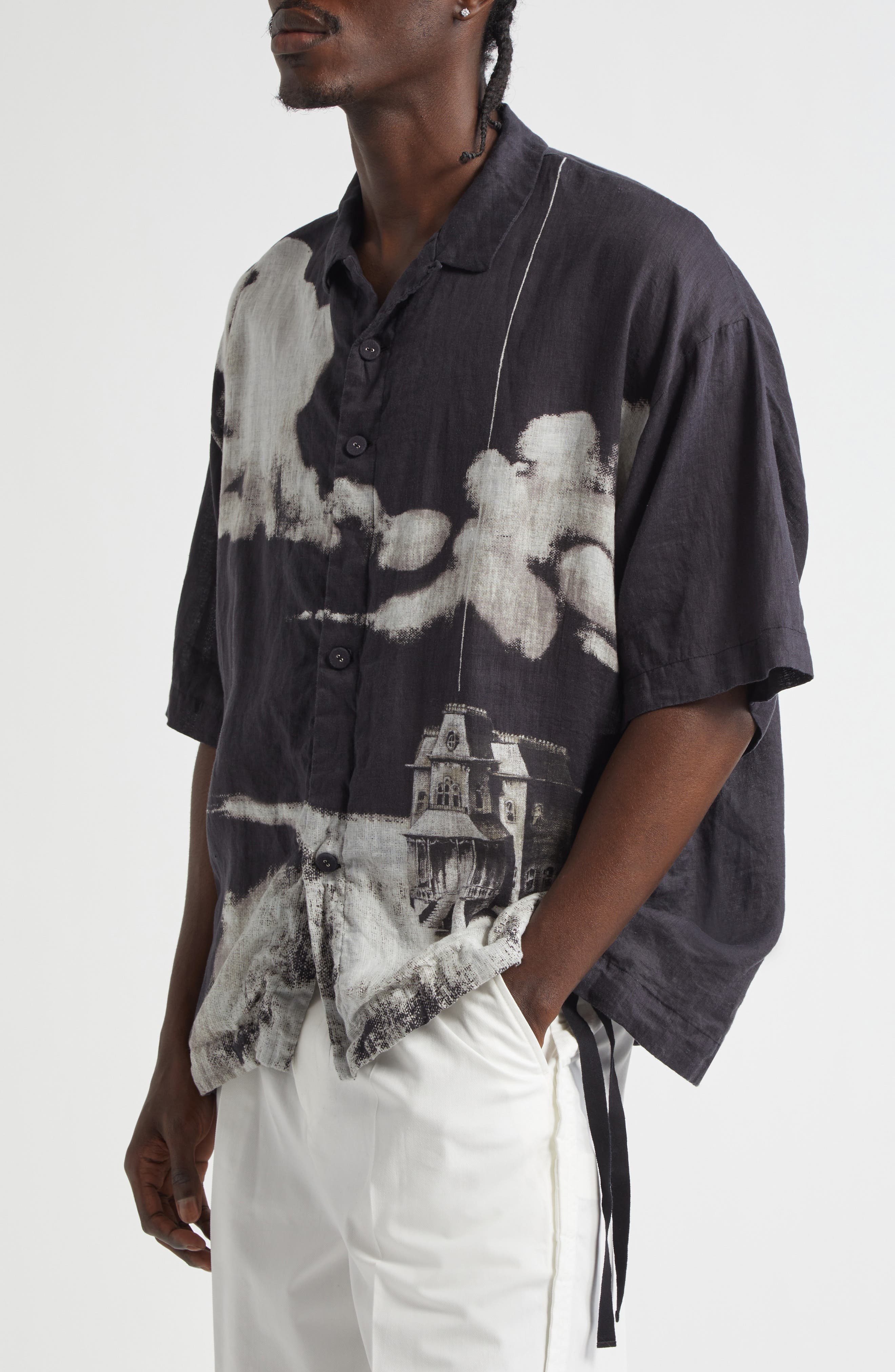 Undercover Oversize Short Sleeve Linen Button-Up Shirt in Black Base at Nordstrom - 4