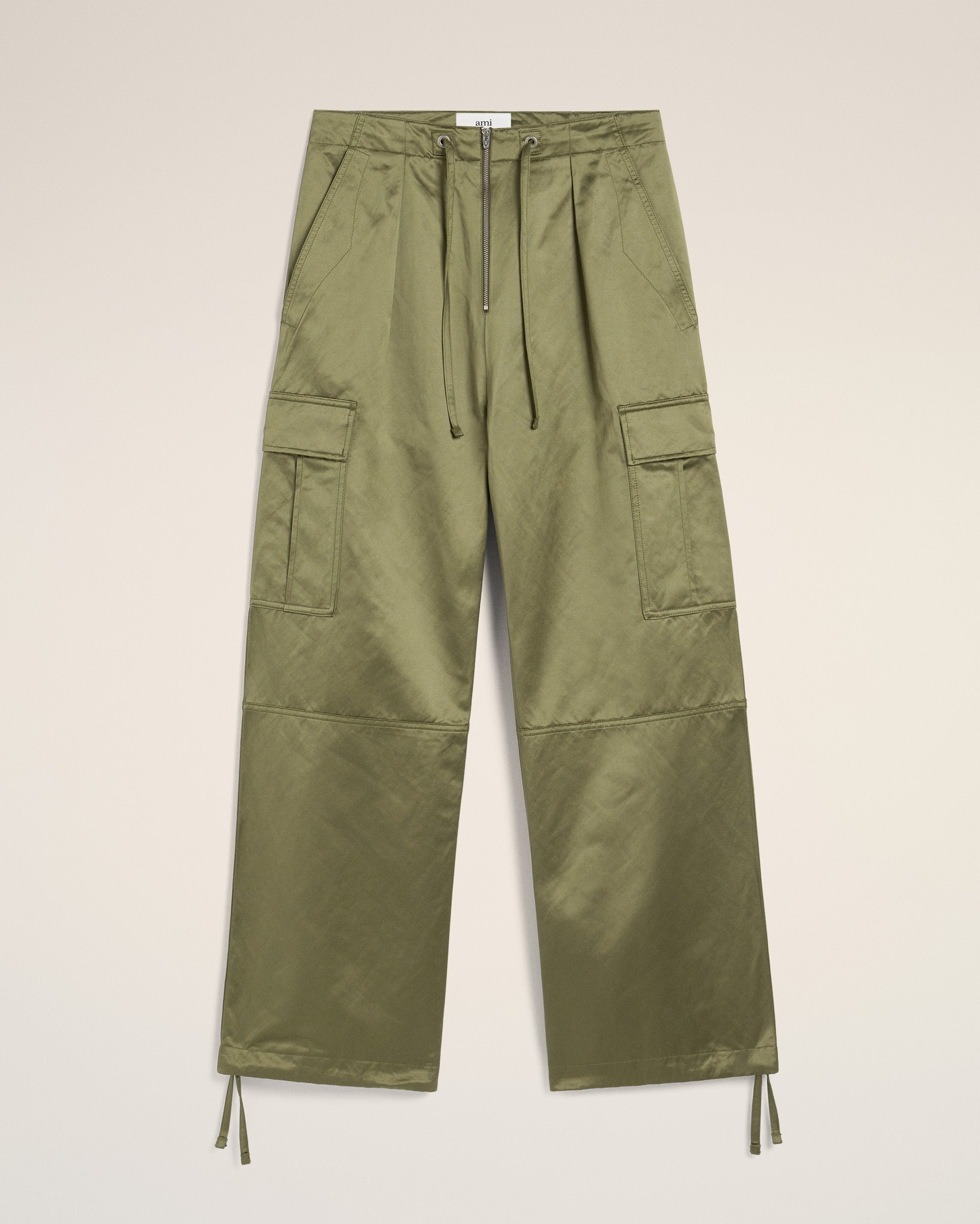 GREEN COTTON SATIN ZIPPED CARGO TROUSERS - 2