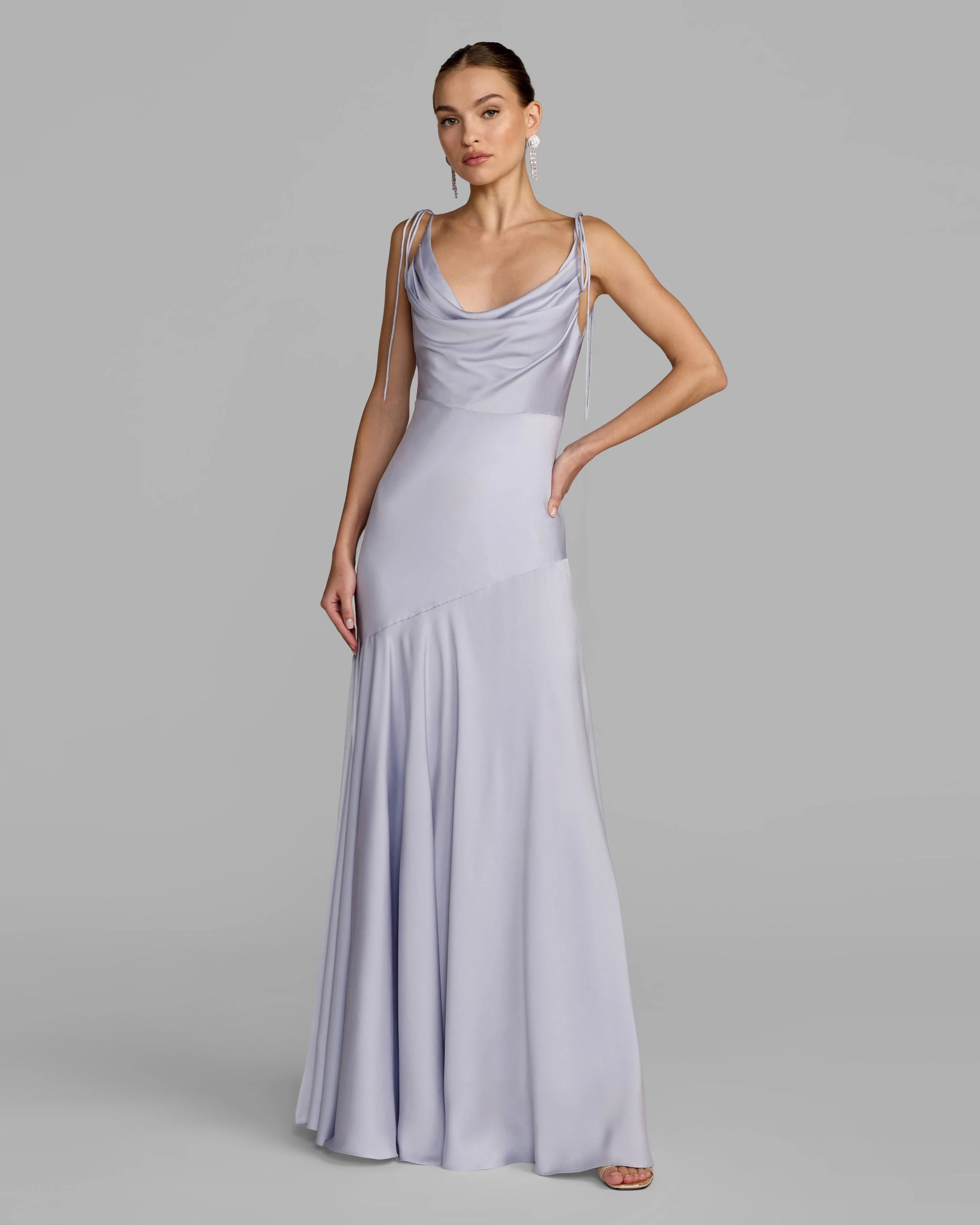 Platinum Charmeuse Cowl Gown With Thin Bow Straps - 1