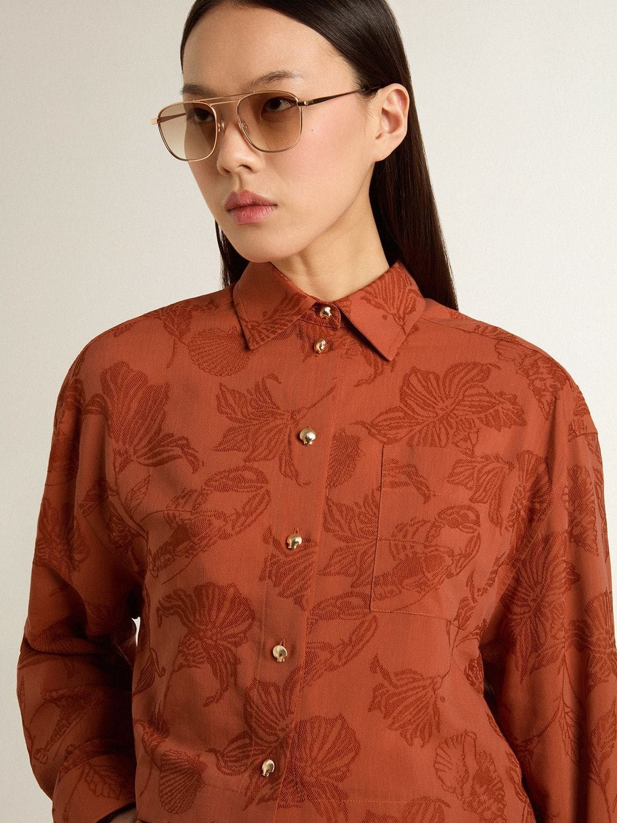Women's cropped shirt in brick red jacquard with wide sleeves - 5