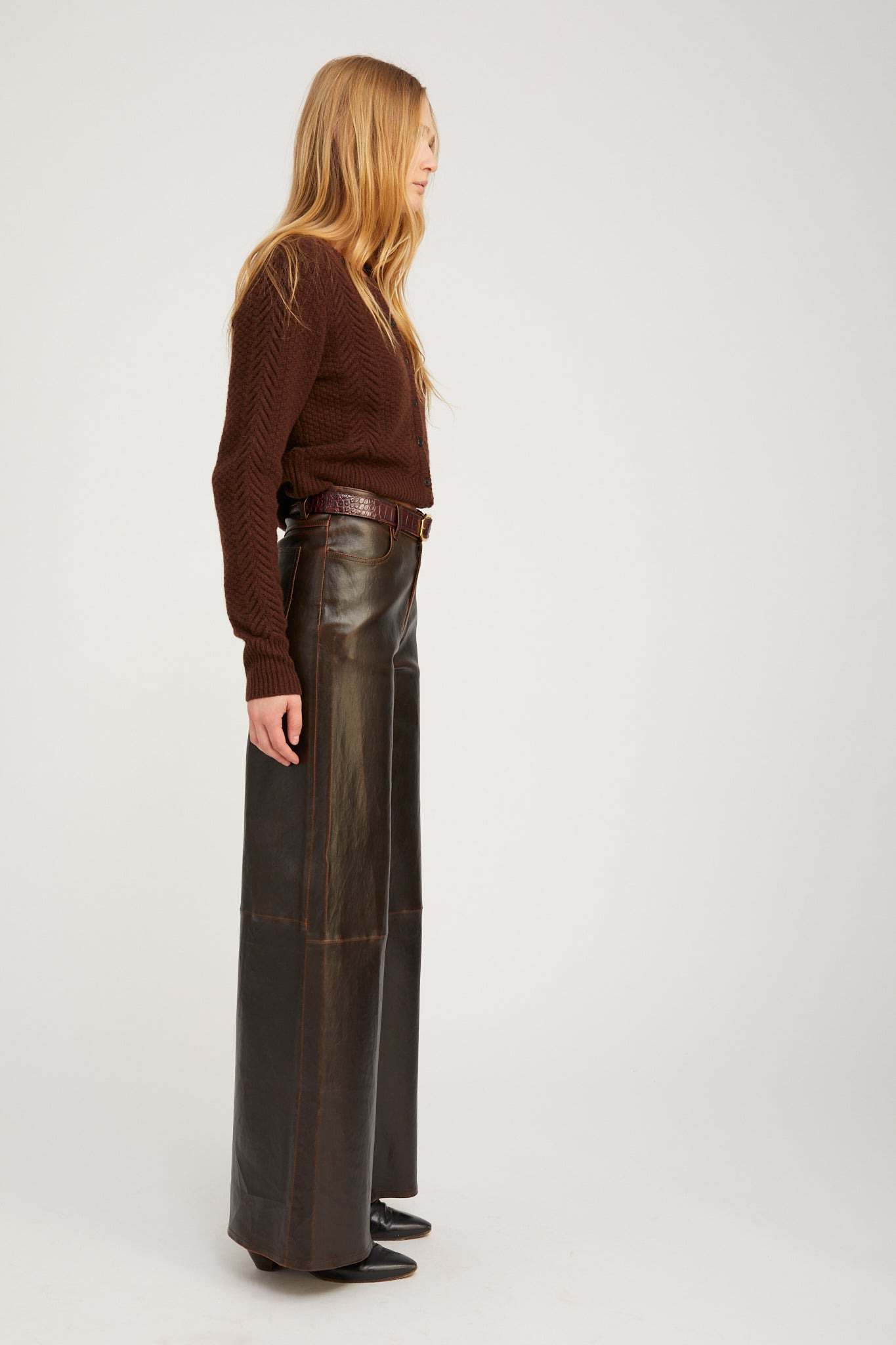BURNT UMBER LEATHER 5 POCKET WIDE LEG - 3