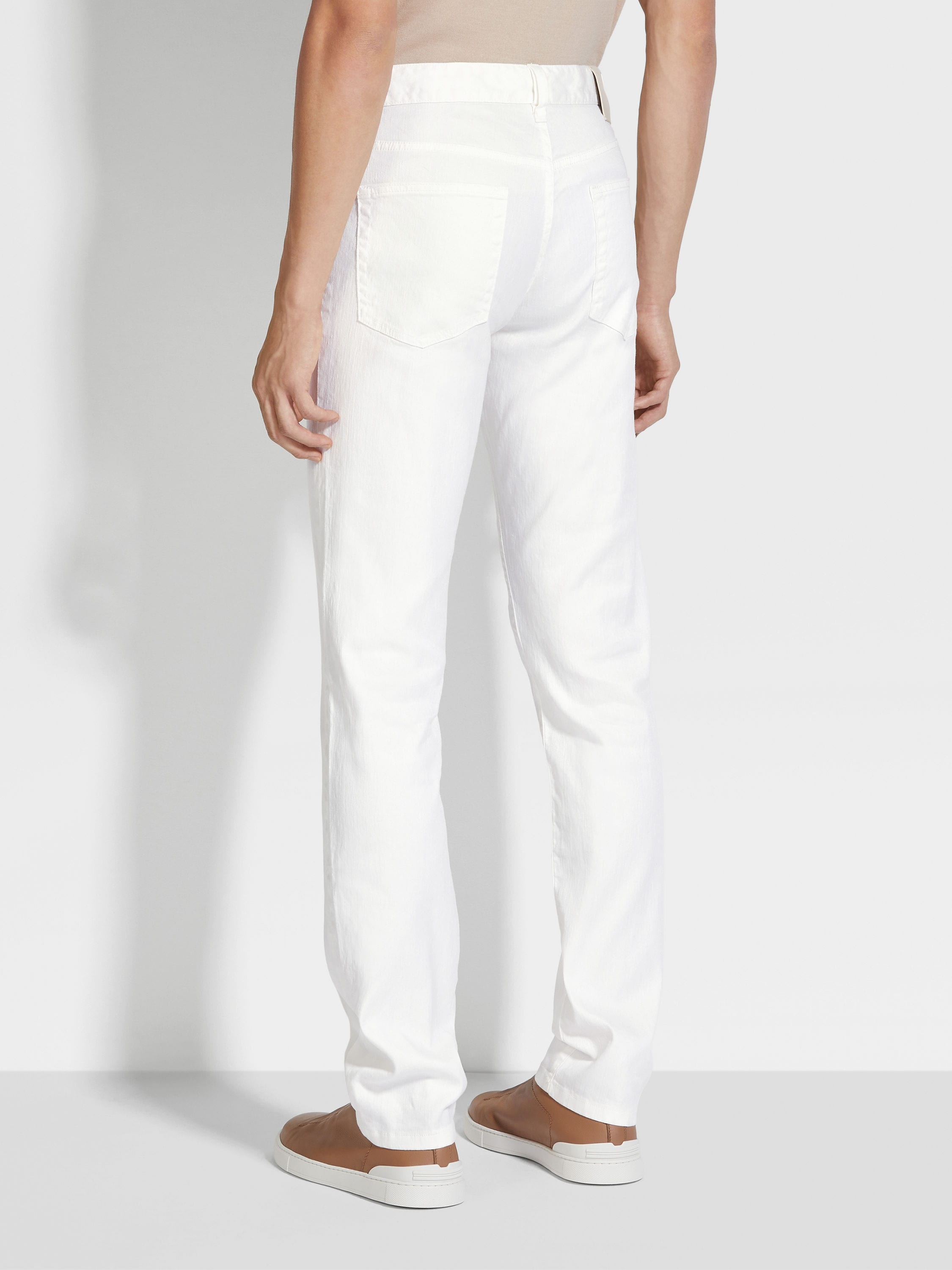 WHITE STRETCH LINEN AND COTTON ROCCIA JEANS - 5