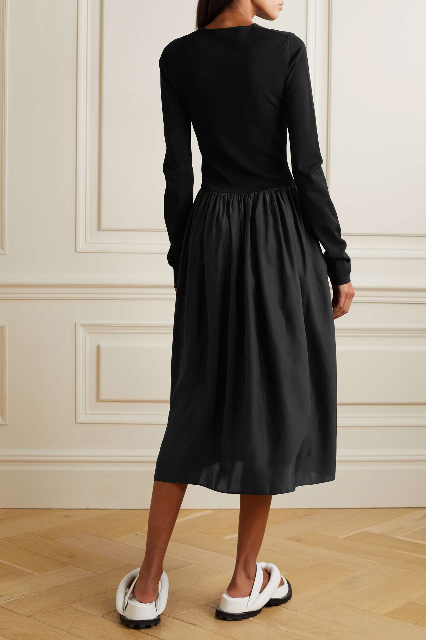Cutout stretch-knit and gathered silk-satin midi dress - 3