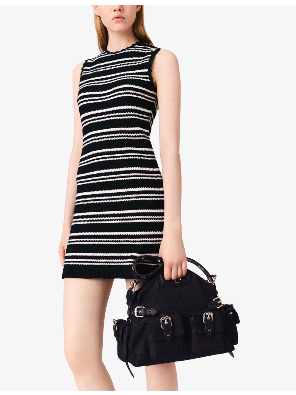 Round-Neck Striped Sleeveless Crochet Mini Dress - 3