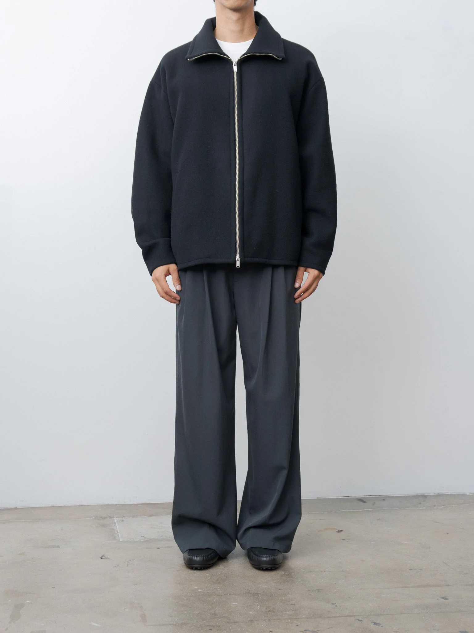 YOKE Melton Stand Collar Zip Blouson - Black | REVERSIBLE