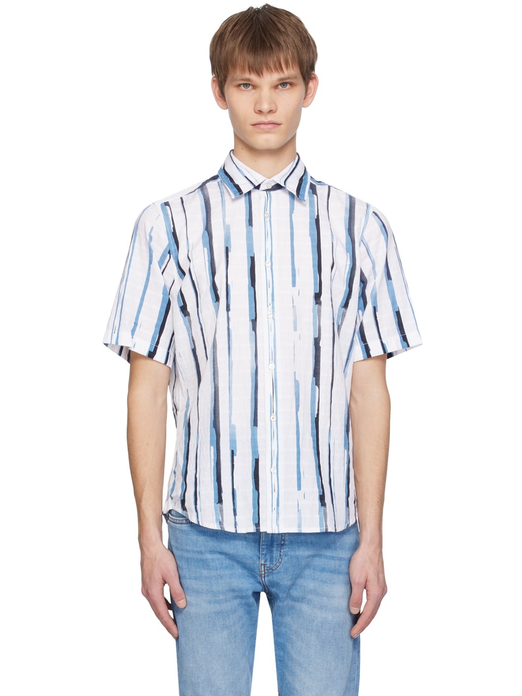 White & Blue Printed Shirt - 1