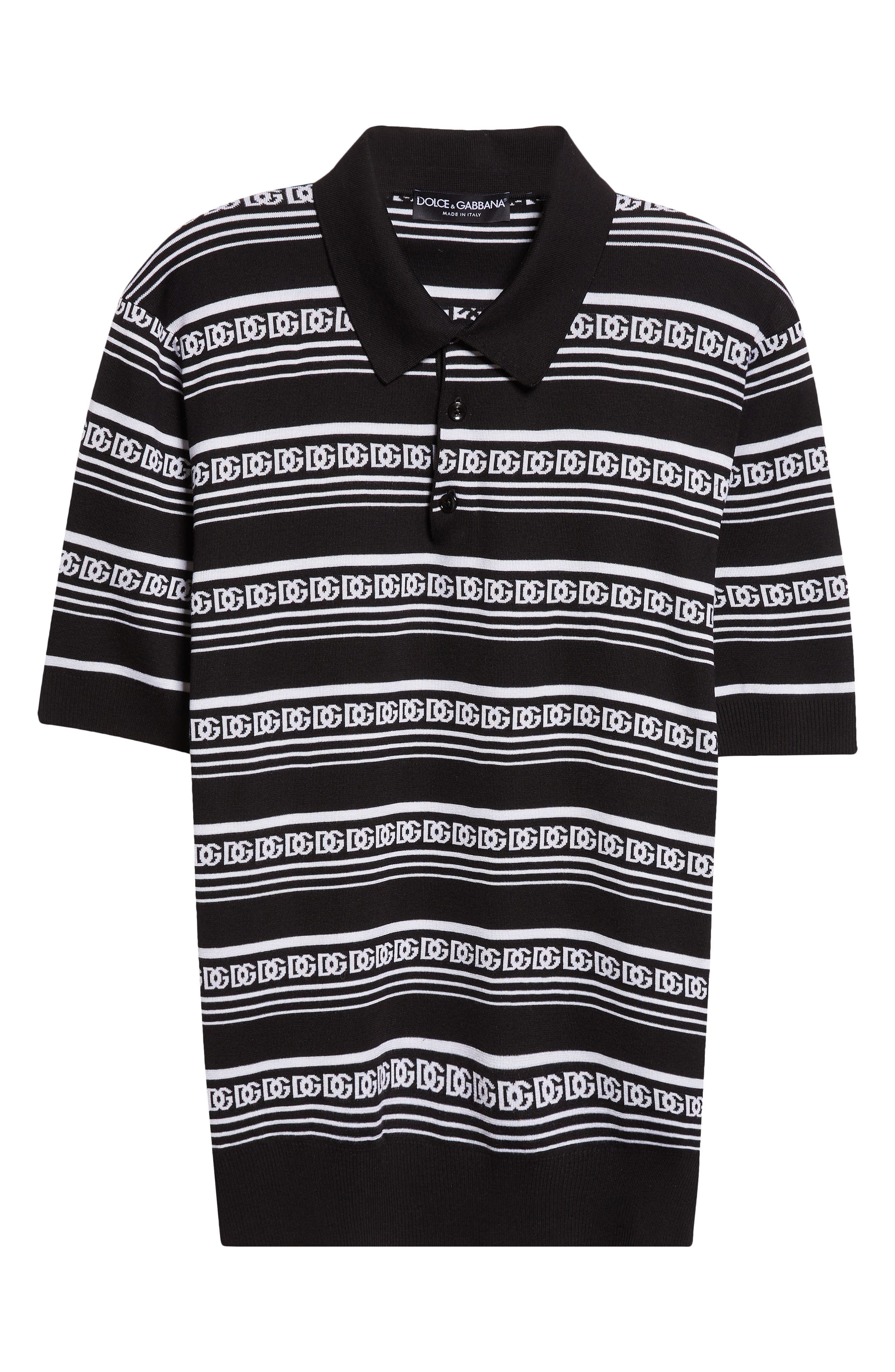 Dolce&Gabbana Logo Stripe Jacquard Silk Polo Sweater in N0004 Nero/Bianco at Nordstrom - 6