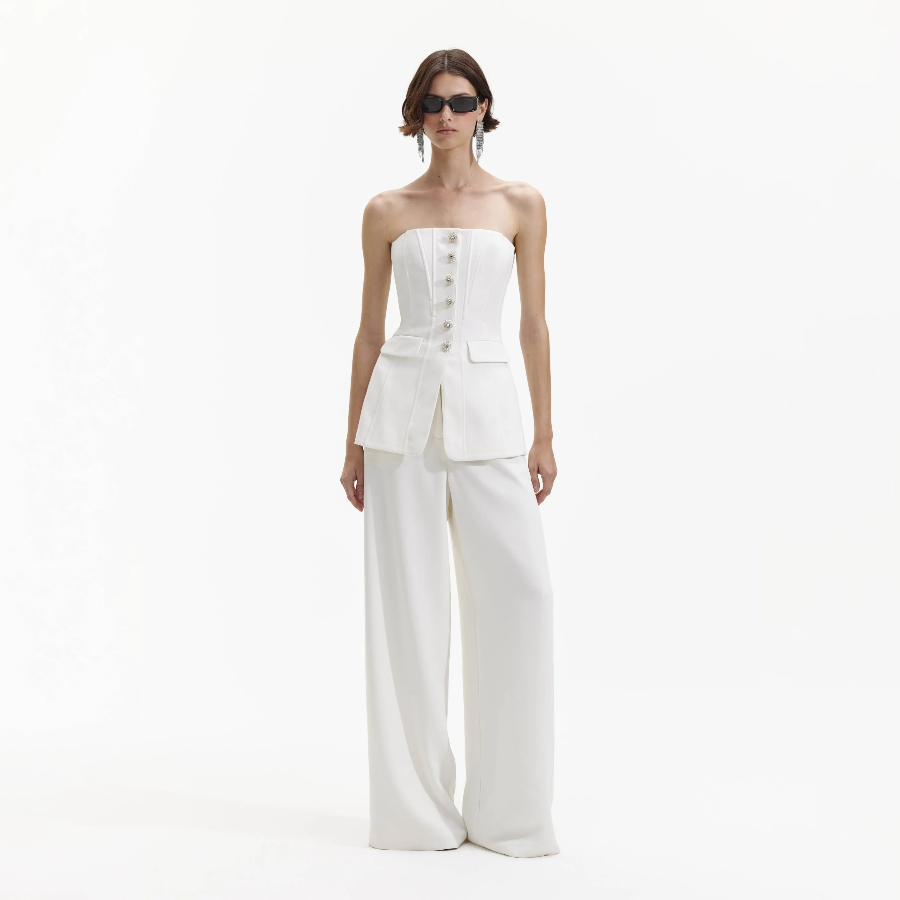 White Bandeau Crepe Jumpsuit - 1