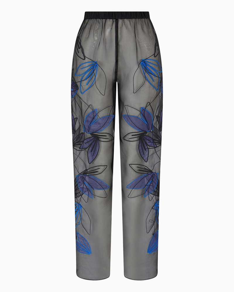 Pure silk organza elasticated-waist trousers with floral embroidery 1