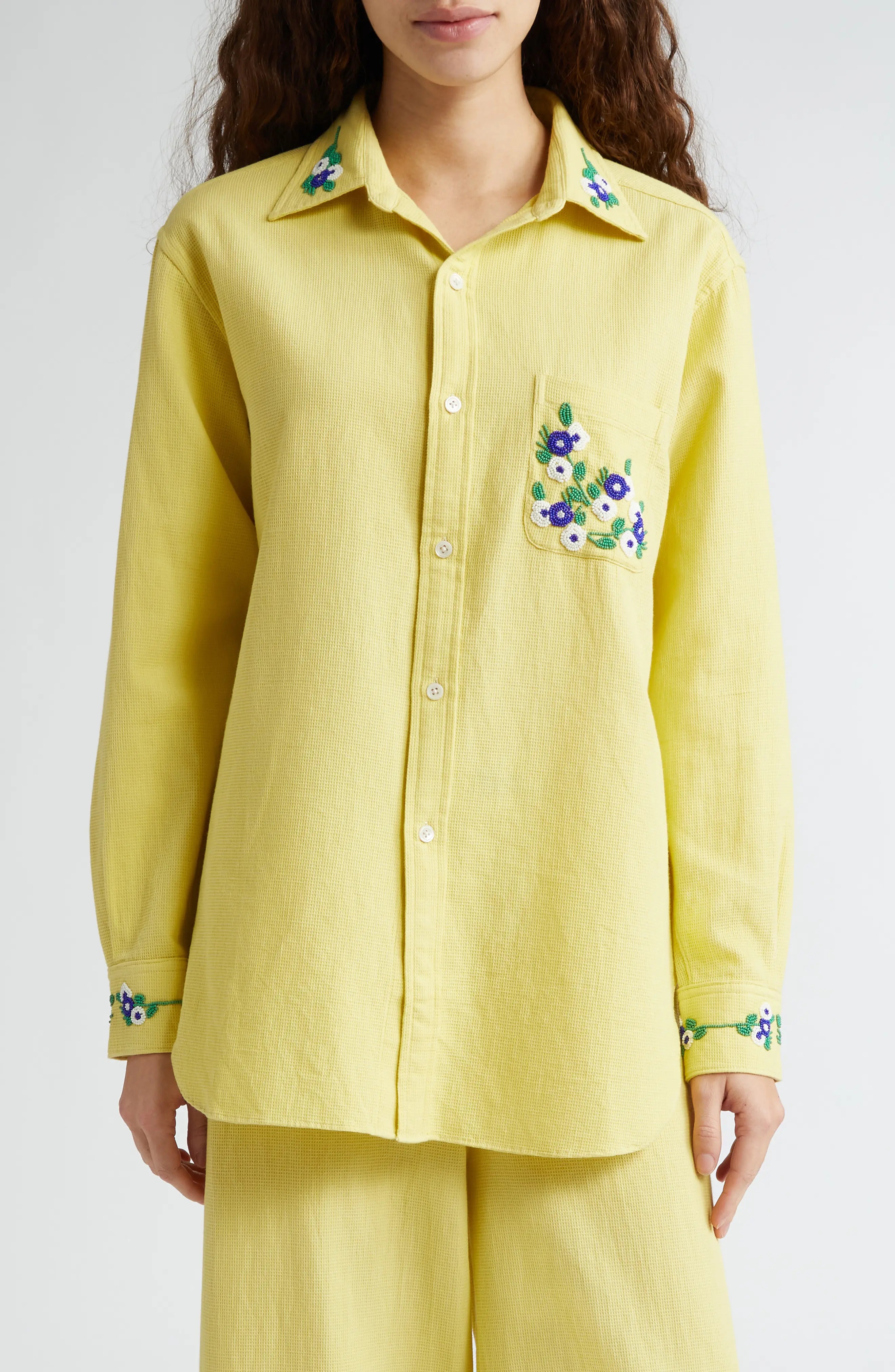 Chicory Beaded Long Sleeve Cotton Button-Up Shirt - 1