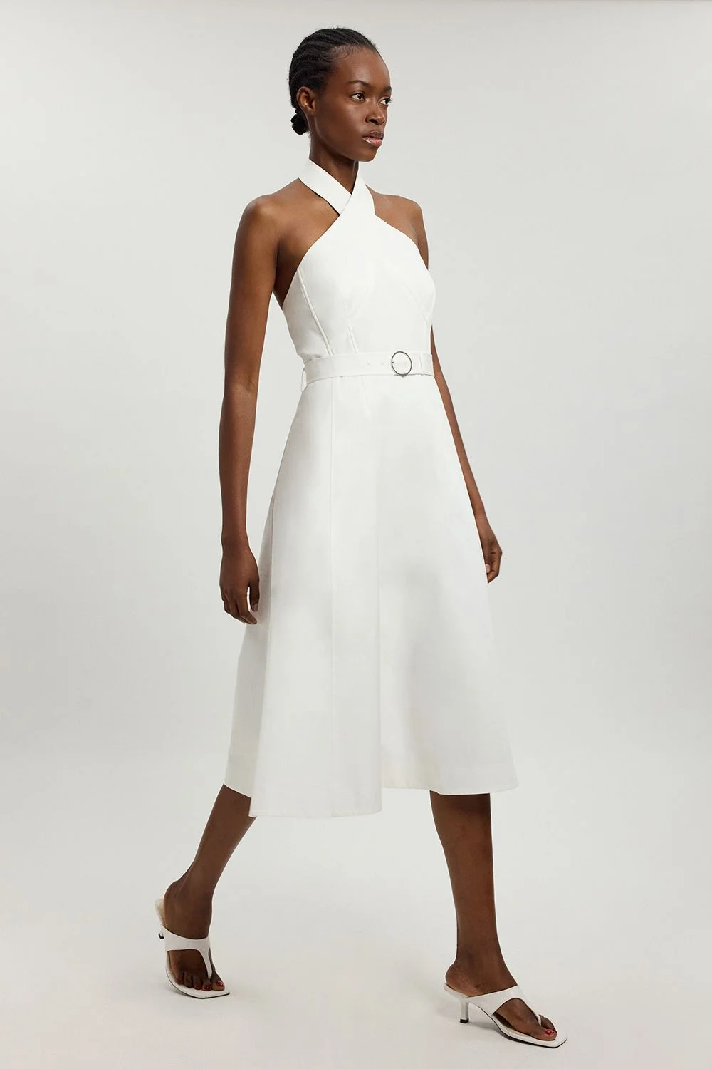 Tailored Cotton Sateen Halter Full Midi Dress - 1