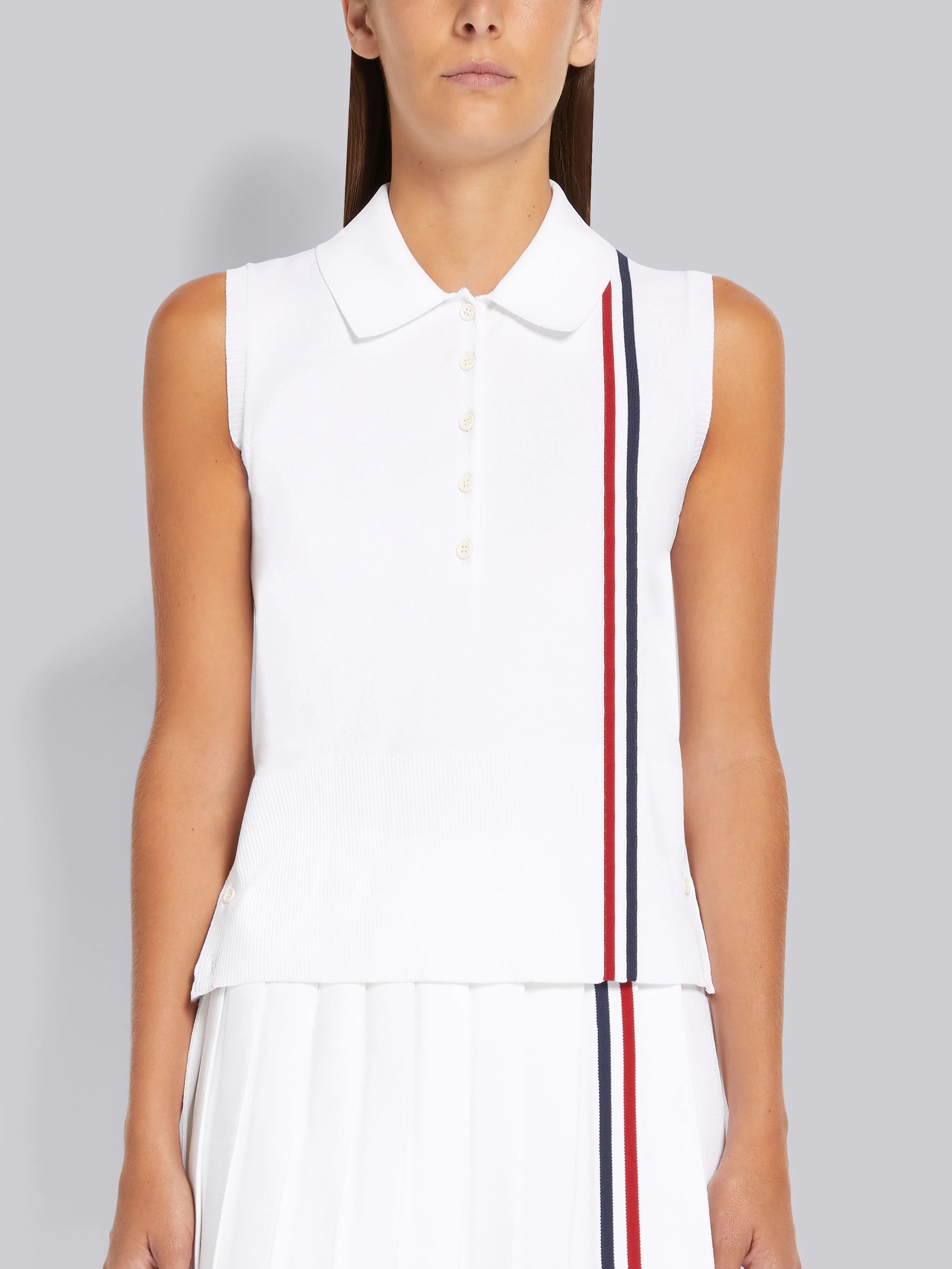 White Jersey Stitch Stretch Viscose Stripe Sleeveless Polo - 1