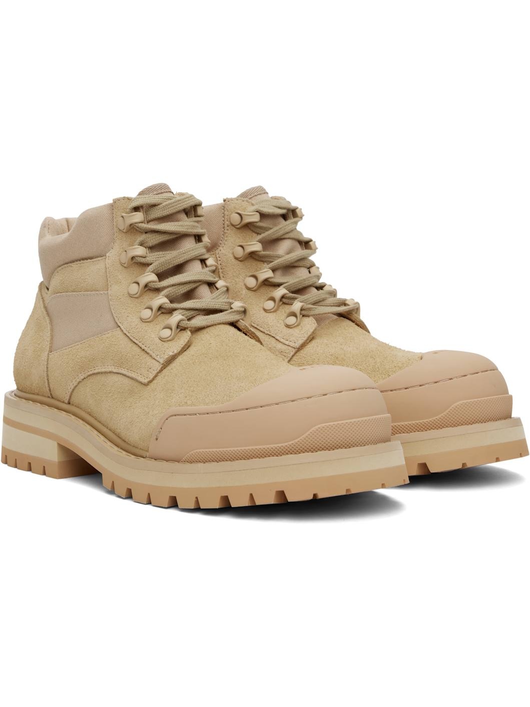 Beige Suede Patchy Combat Boots - 4