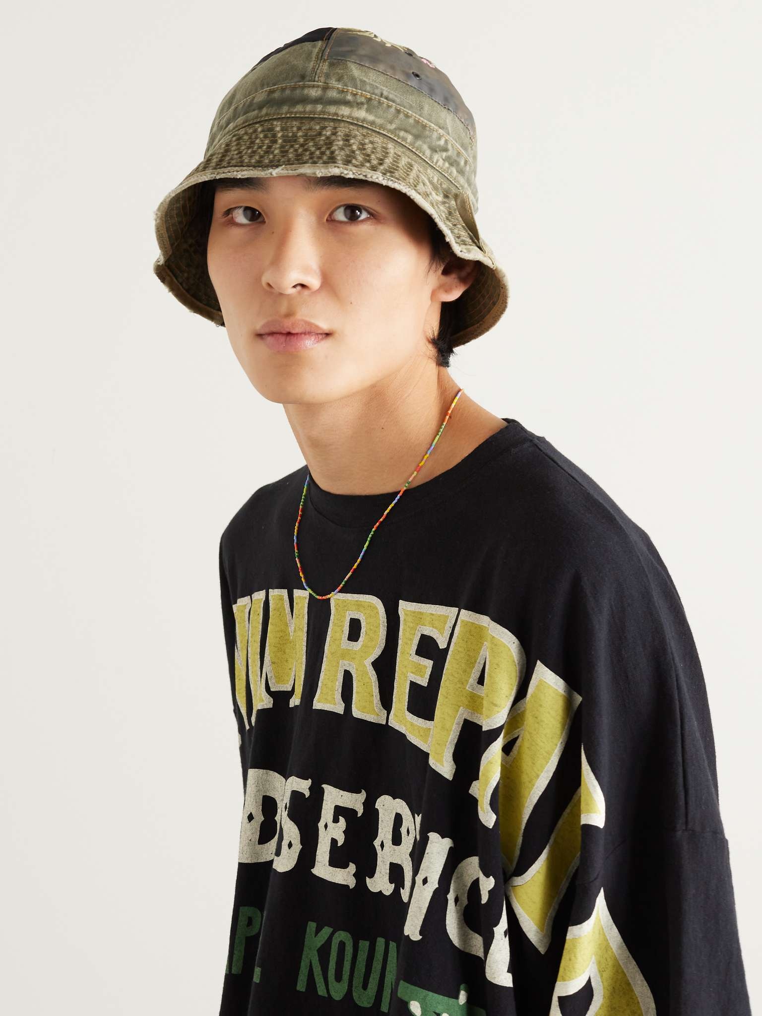 Distressed Embroidered Patchwork Cotton-Twill and Shell Bucket Hat - 2