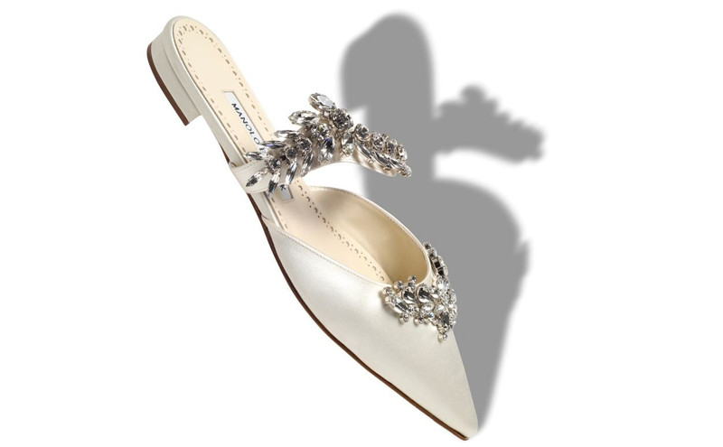 Manolo Blahnik Light Cream Satin Crystal Embellished Flat Mules outlook