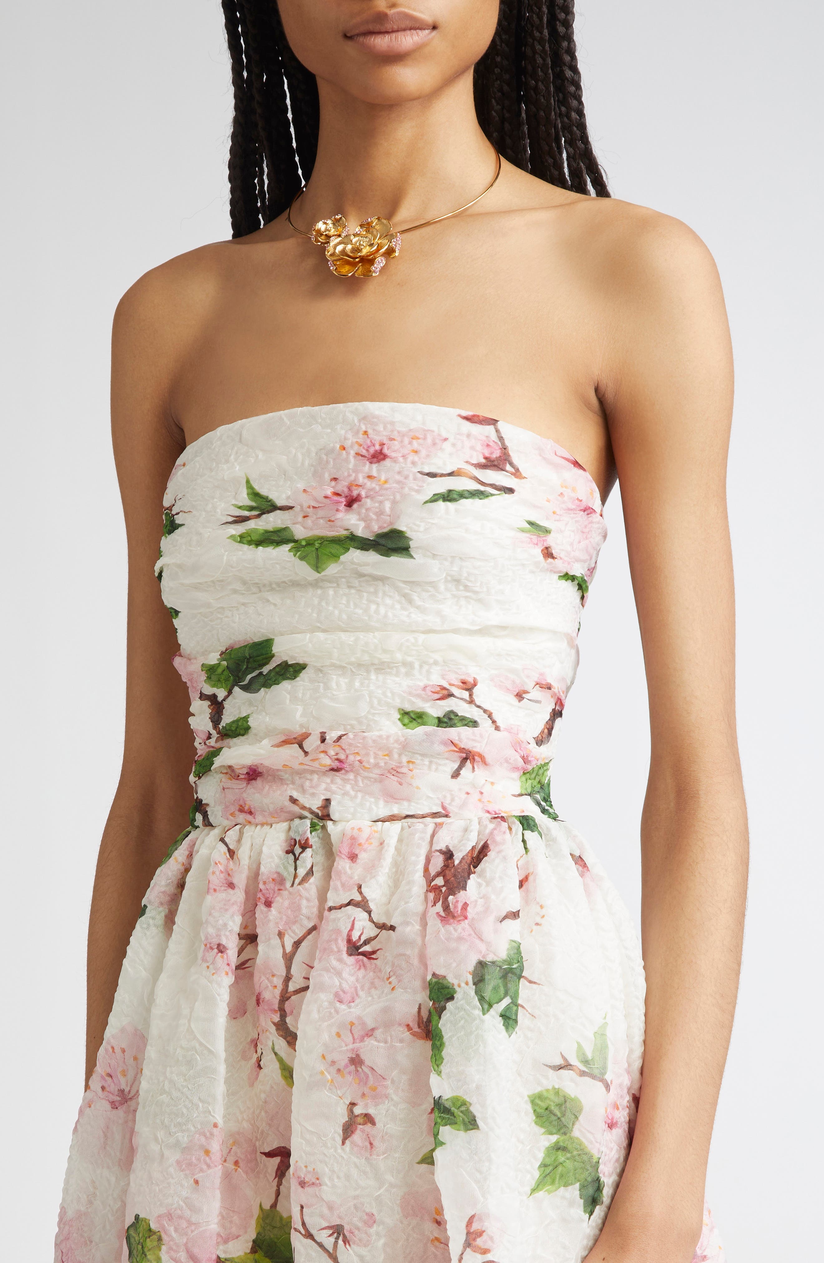 Oscar de la Renta Cherry Blossom Strapless Organdy Midi Dress in Pink/Ivory at Nordstrom - 4