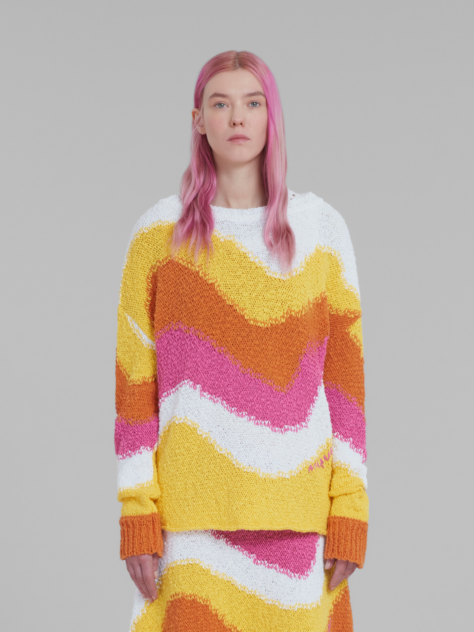 YELLOW COTTON JUMPER WITH WAVY STRIPES - 2
