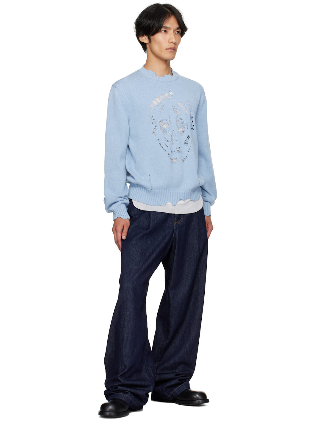 Blue Distressed Skull Sweater - 4