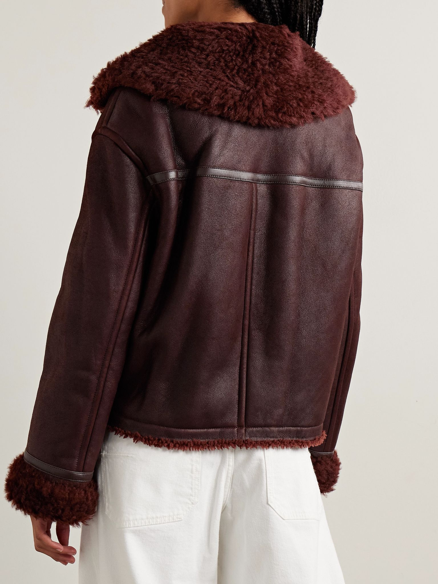 Shearling-trimmed leather jacket Burgundy - 4