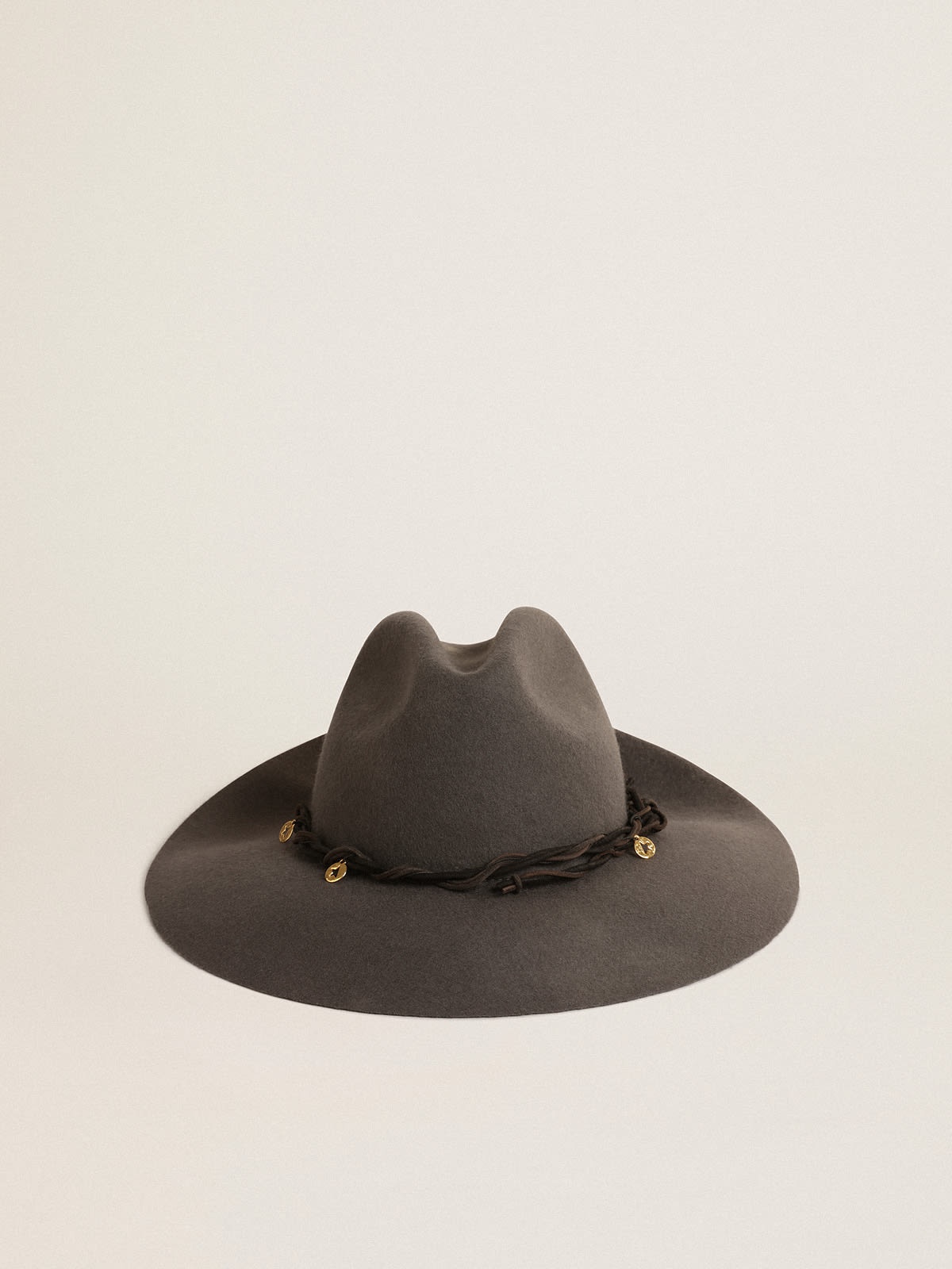 Gray wool Fedora hat with leather strap and pendants - 1