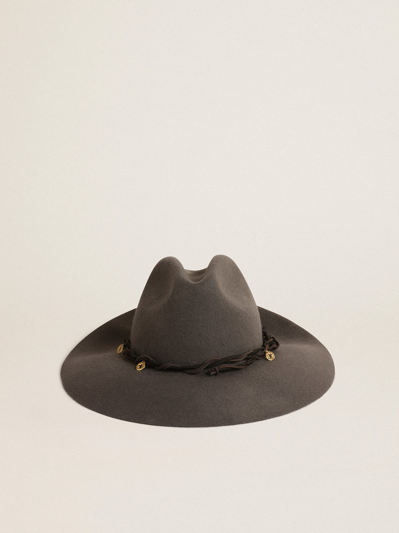 Gray wool Fedora hat with leather strap and pendants 1
