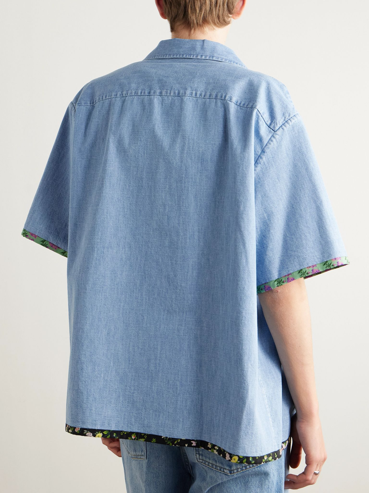 Camp-Collar Floral-Trimmed Denim Shirt Blue - 3