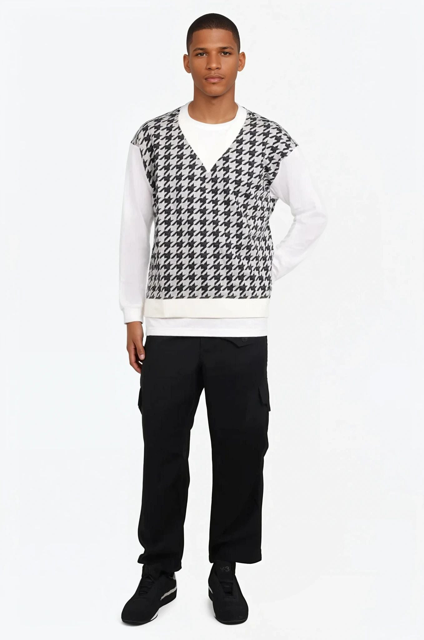 LAYERED T-SHIRT/HOUNDSTOOTH KNIT L/S T-SHIRT | WHITE/BLACK - 3