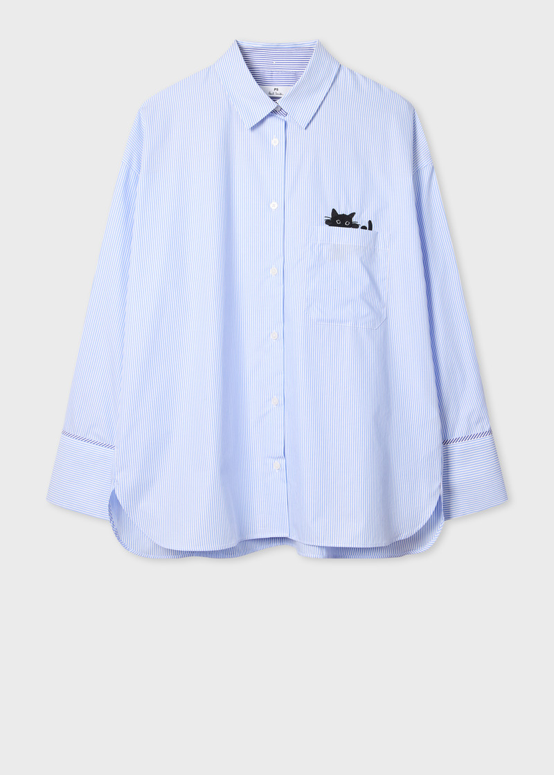 Women's Blue Striped Shirt with Cat Embroidery 1