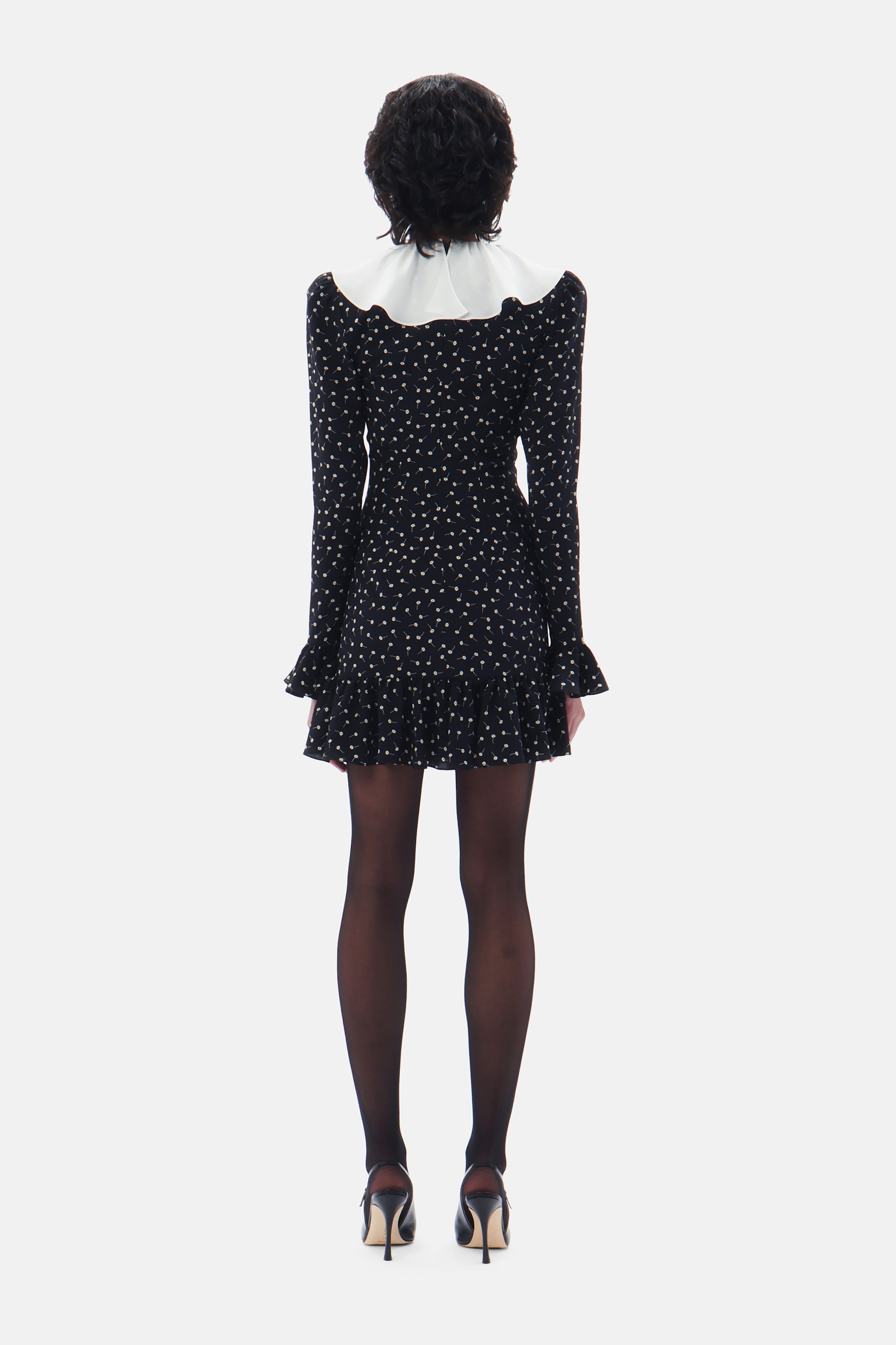DAISY PRINT SILK MINI DRESS WITH VOLANT AND BOW - 5