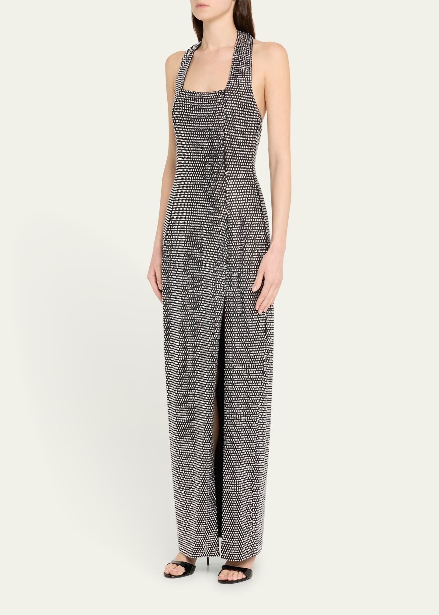 Crystal Embellished Halter Slit Gown - 4