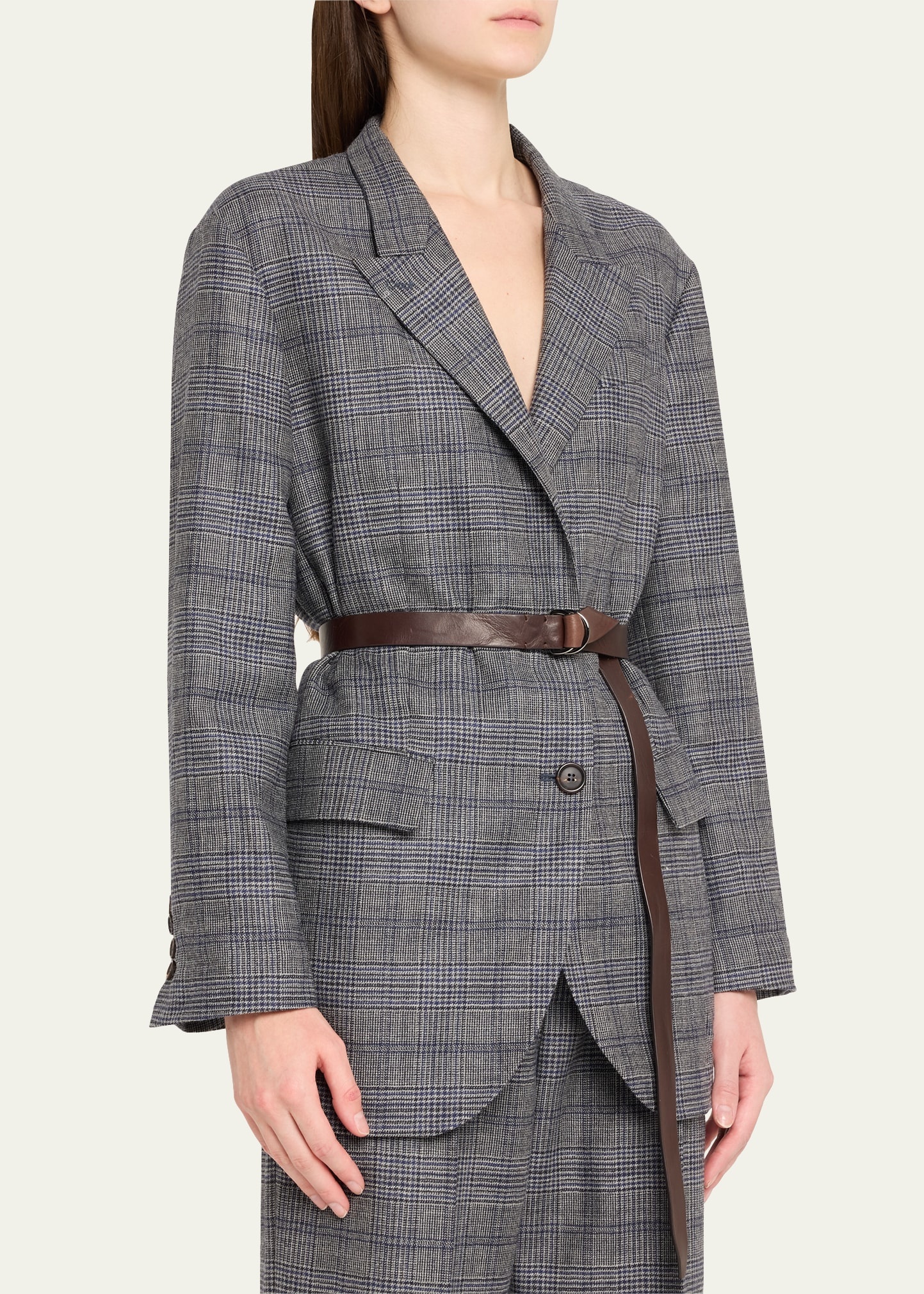 Belted Wool Prince Of Wales Single-Breasted Blazer Jacket - 4