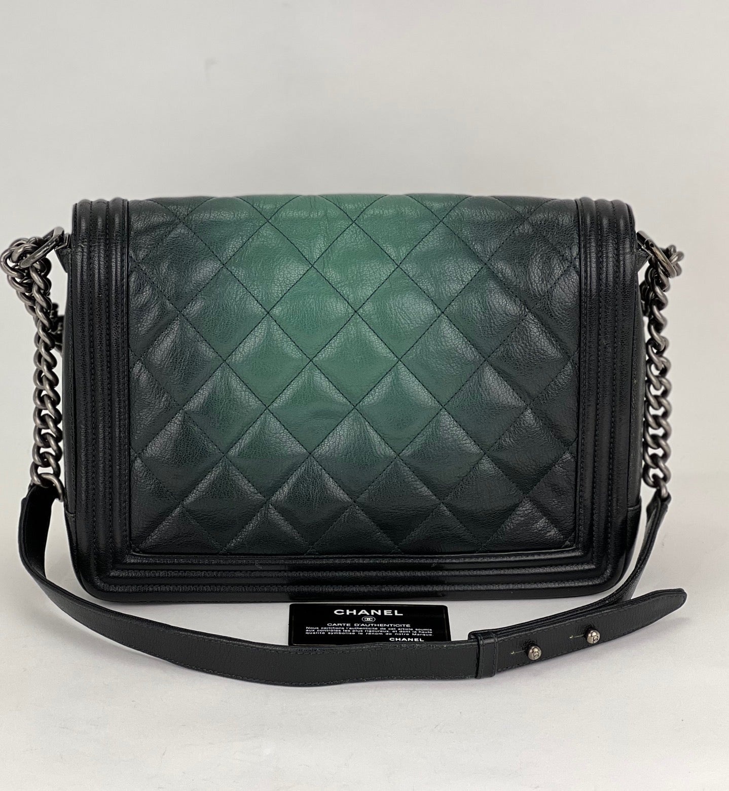 CHANEL Bag Dark Green Ombre Quilted Glazed Leather Large Boy Authentic preowned - 6