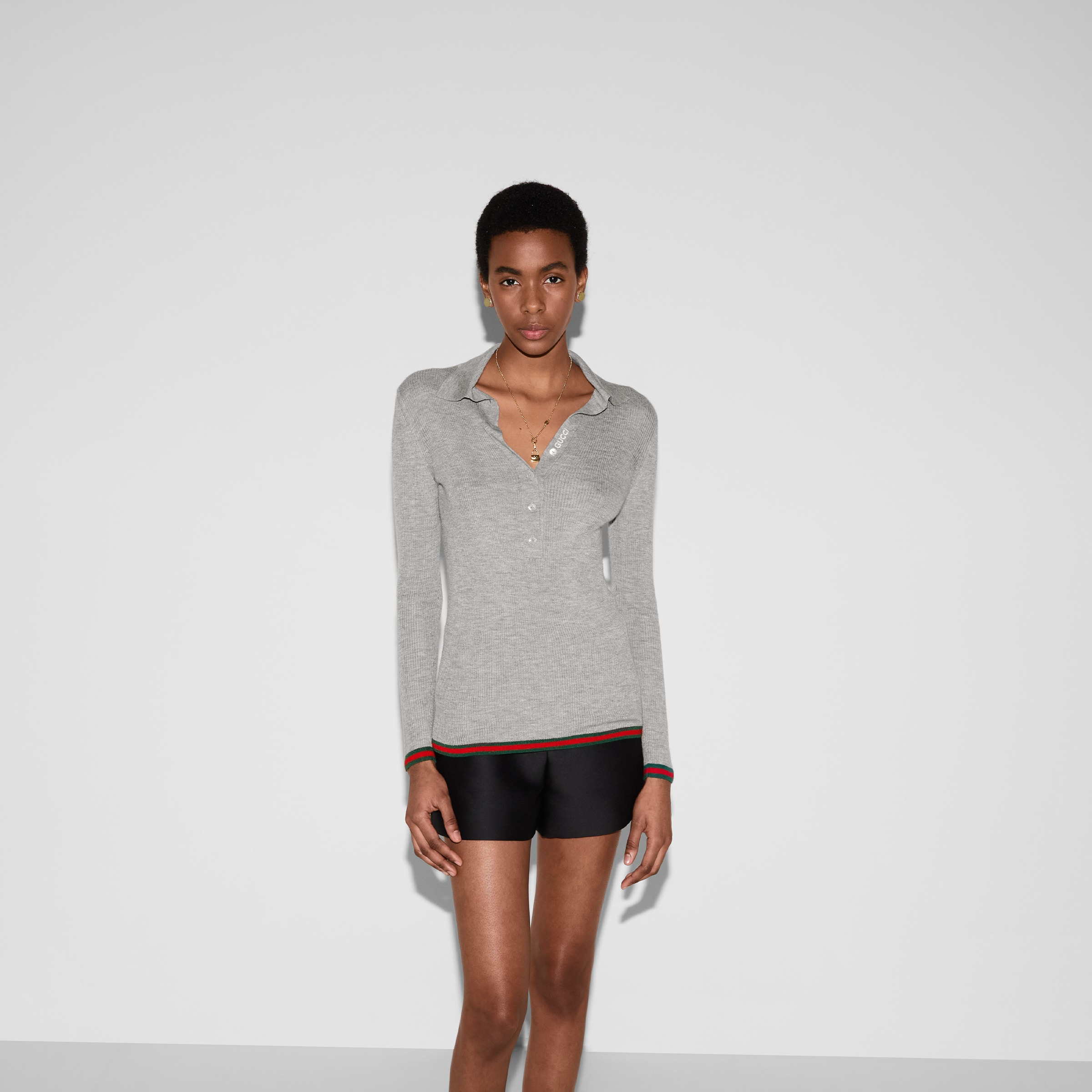 Cashmere and silk polo top with Web - 3