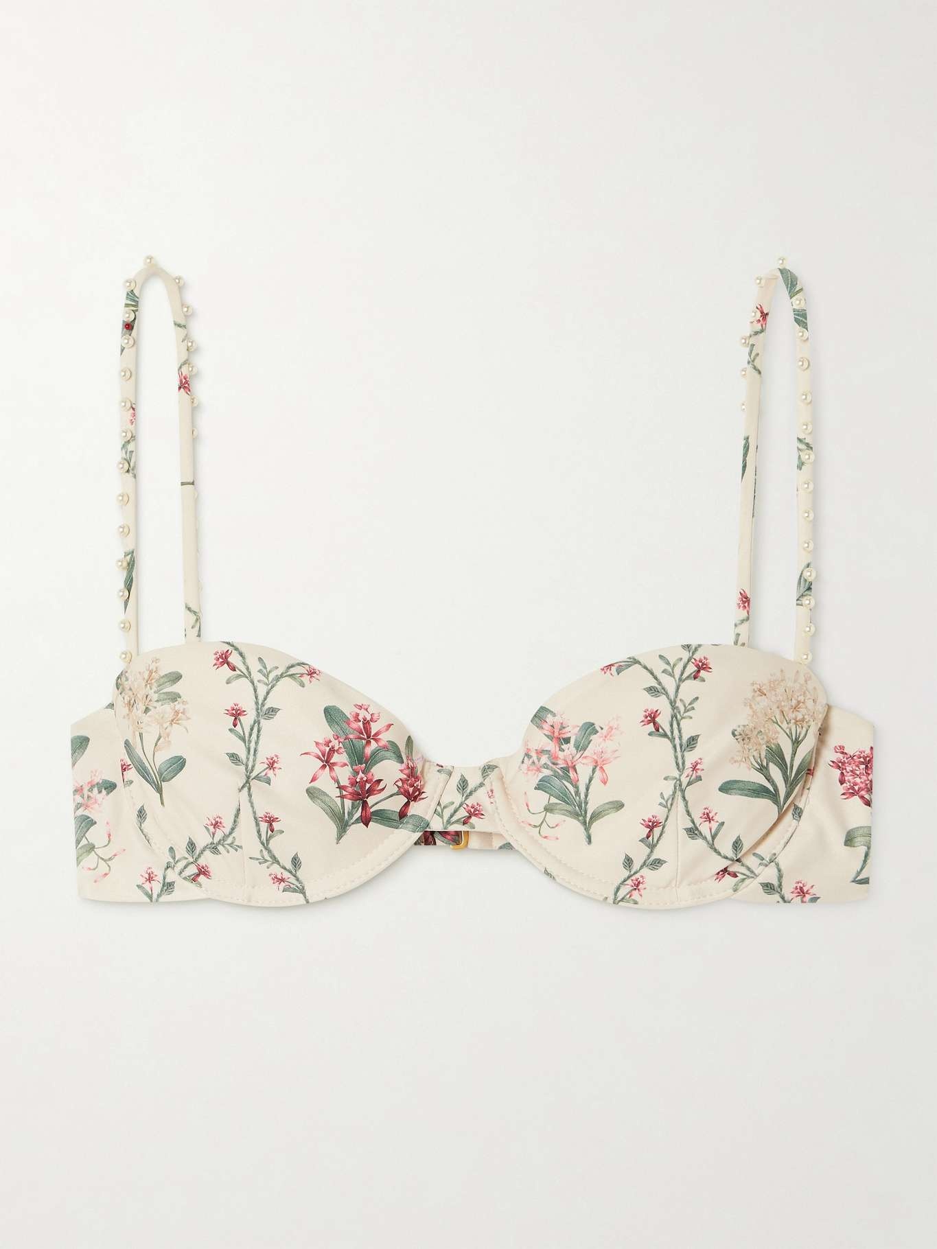 Magdalena Orquidea faux pearl-embellished floral-print recycled underwired bikini top Cream - 1