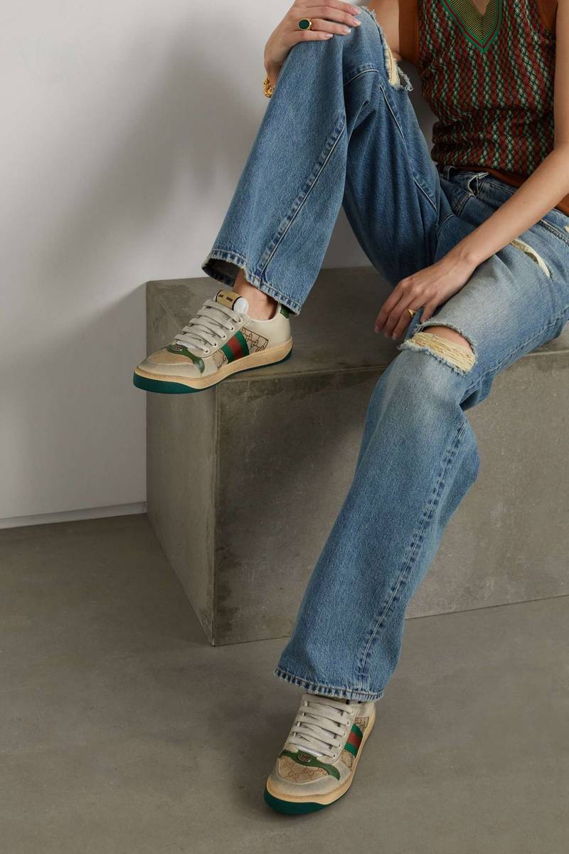 GUCCI Screener suede, distressed leather and canvas sneakers outlook