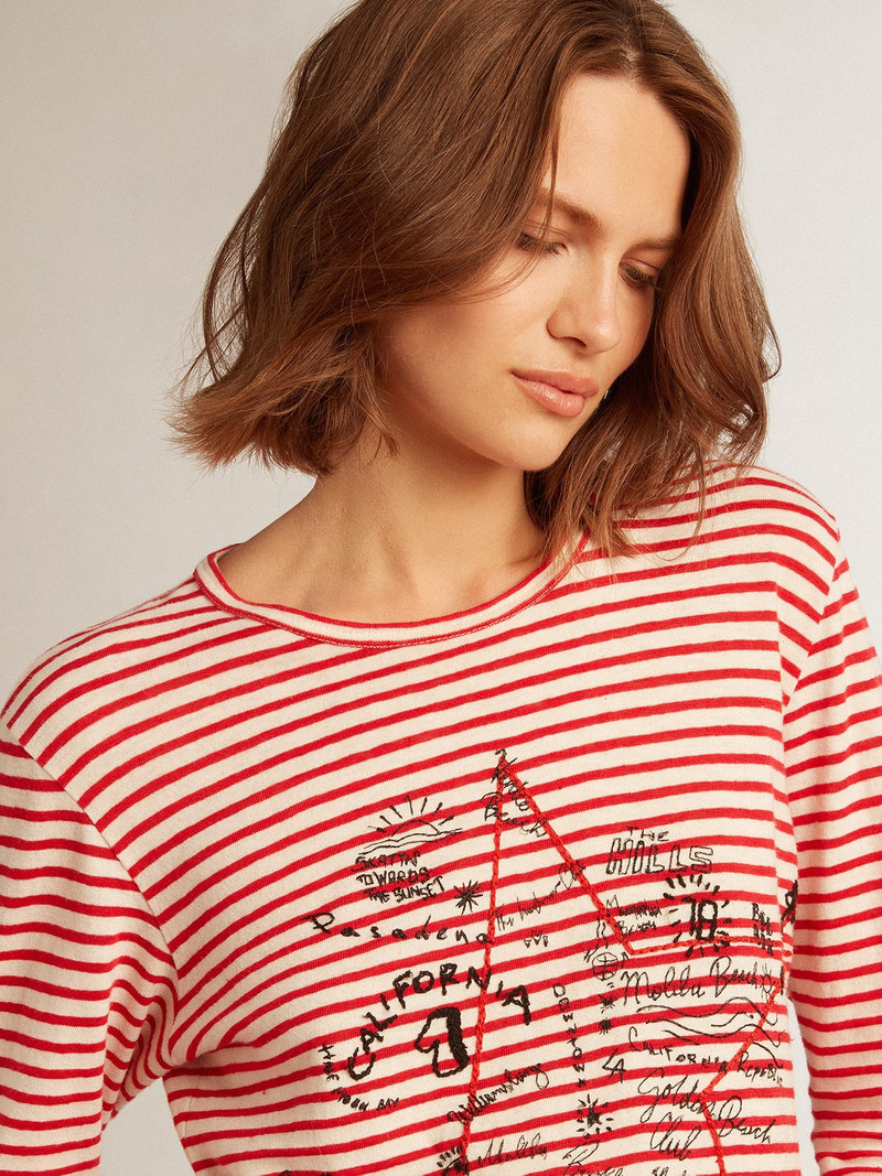 Golden Goose Women's T-shirt with white and red stripes and embroidery on the front outlook